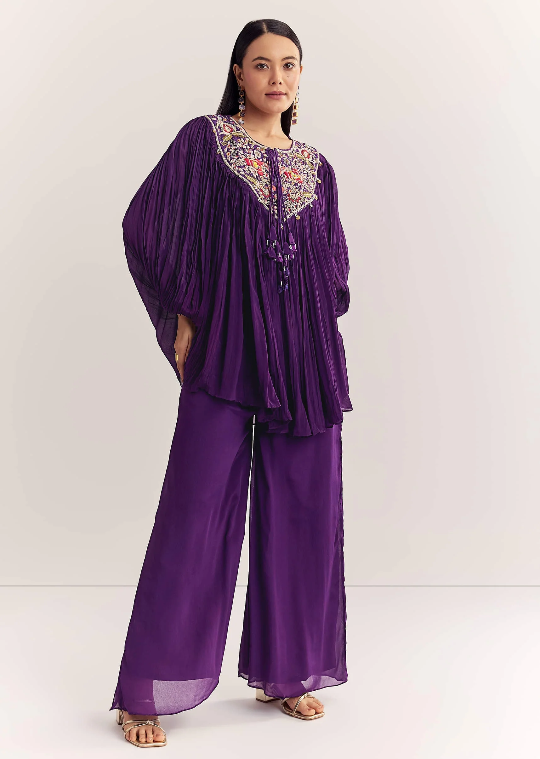 Purple Chinon Kaftan Kurta Set With Zardosi And Thread Work - Image 3
