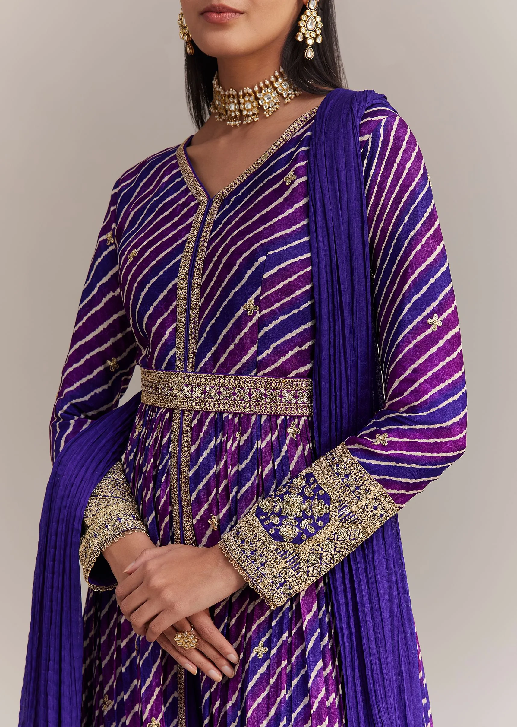 Purple Chinon Leheriya Embroidered Anarkali Set - Image 2