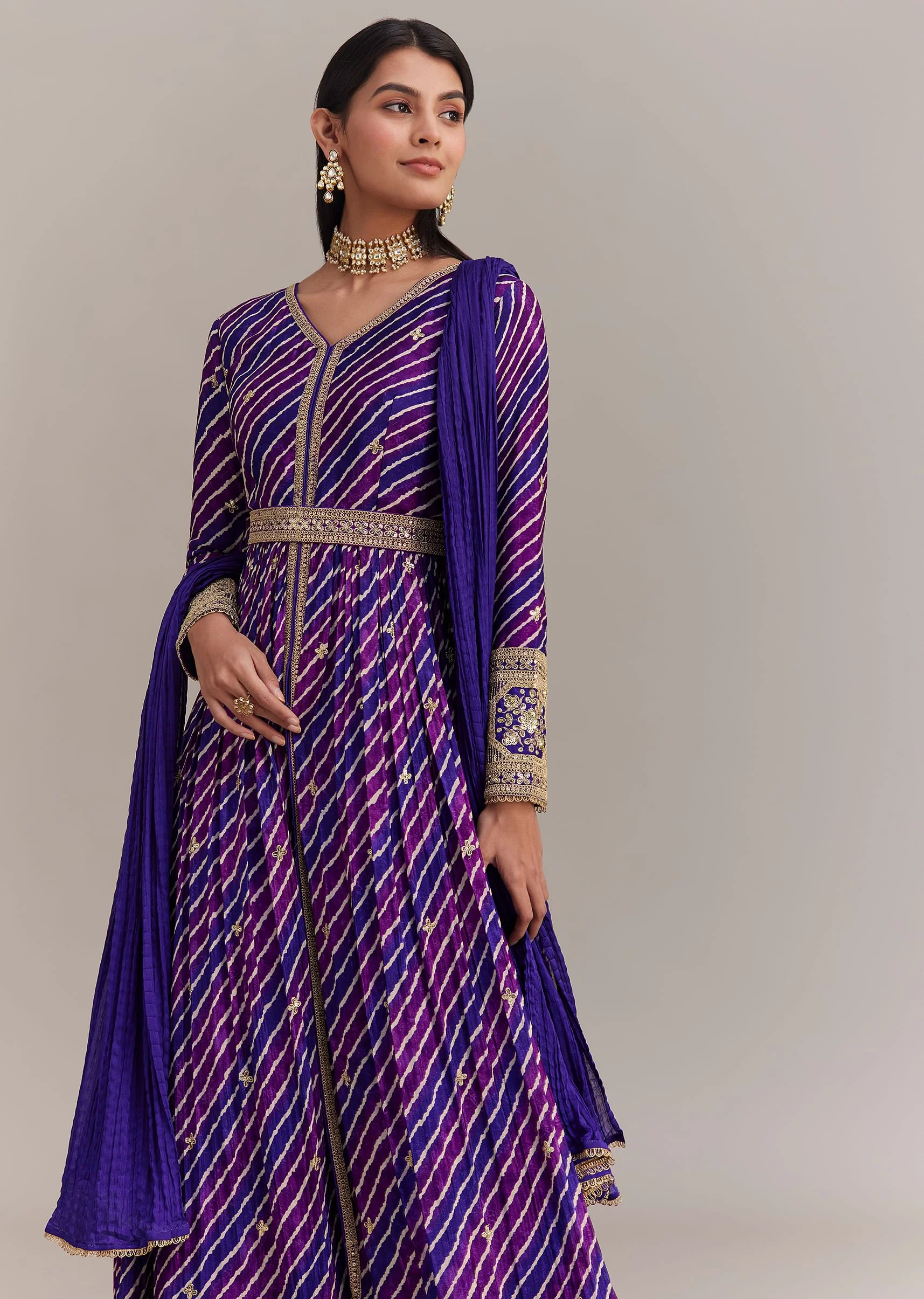 Purple Chinon Leheriya Embroidered Anarkali Set - Image 4
