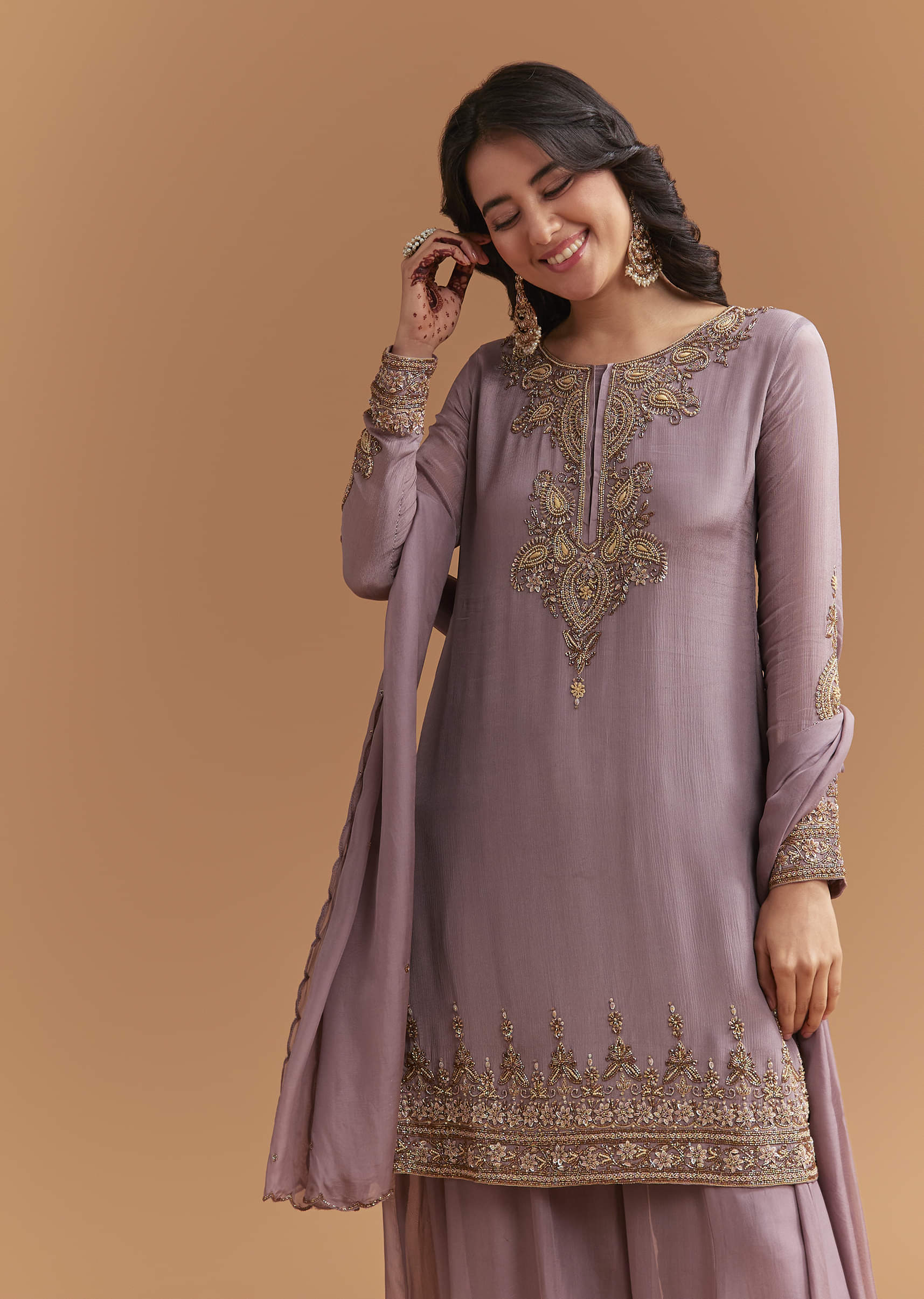 Purple Chinon Palazzo Suit With Moti And Cutdana Embroidery - Image 5