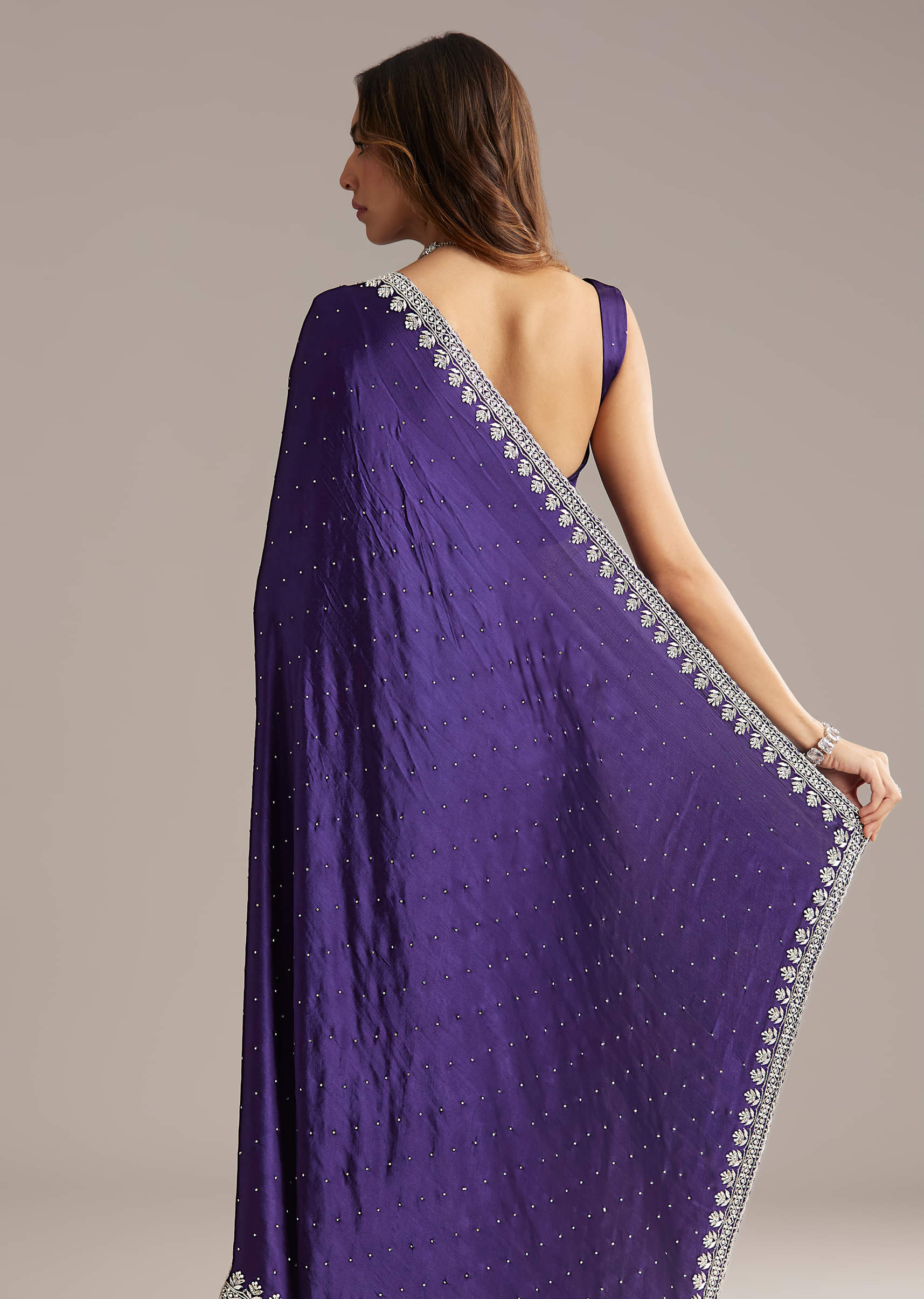 Purple Chinon Saree With Cutdana And Stone Embroidery - Image 5