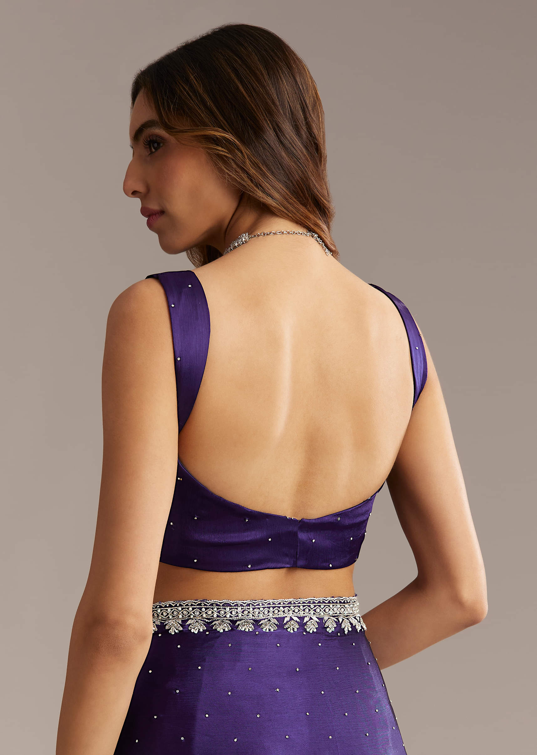 Purple Chinon Saree With Cutdana And Stone Embroidery - Image 7