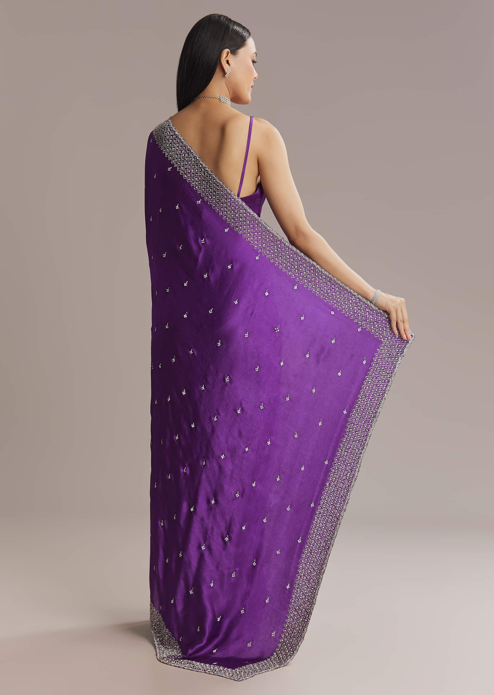 Purple Chinon Saree With Stone And Sequin Embroidery - Image 3