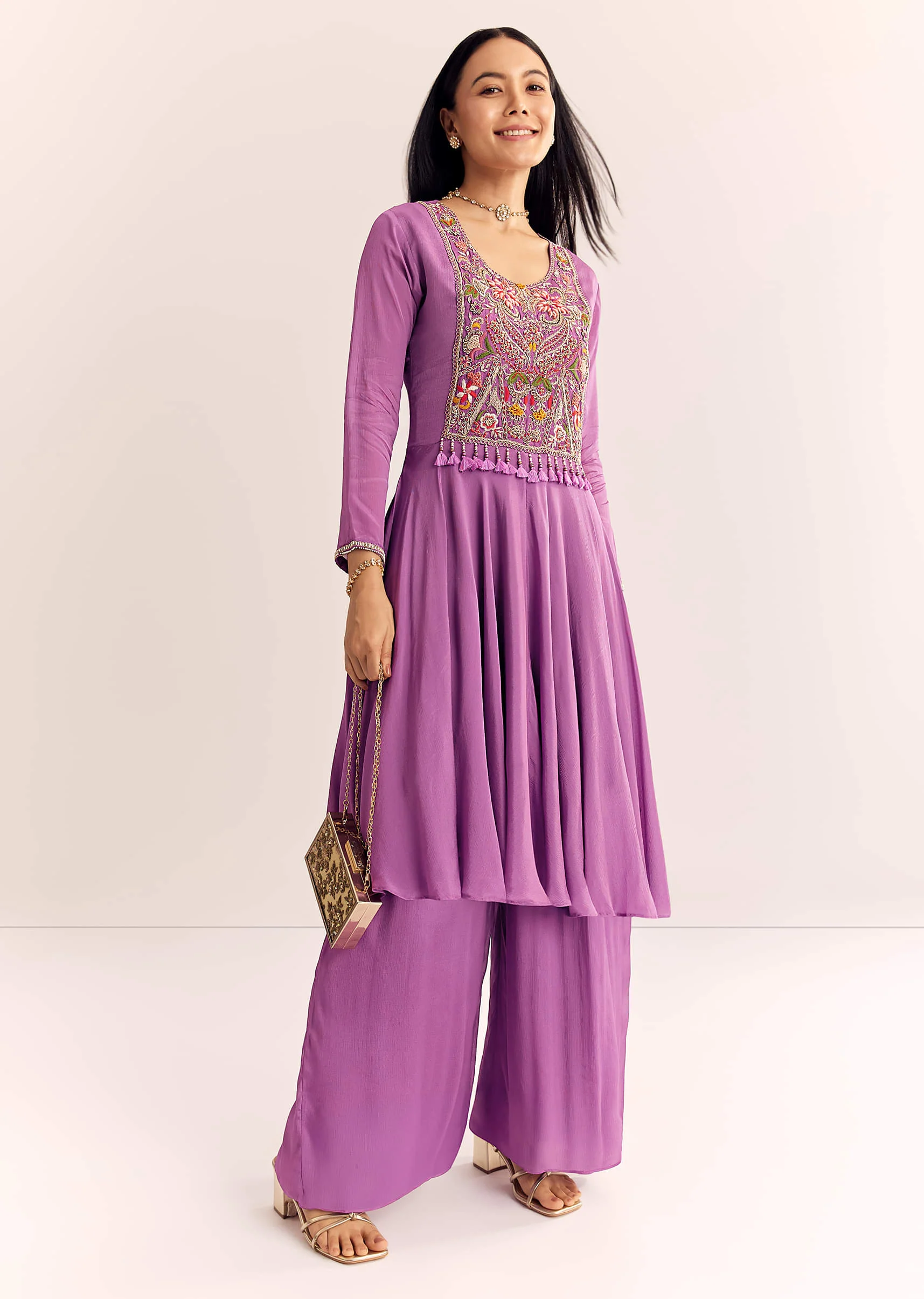 Purple Chinon Zardosi Kurta Palazzo Suit - Image 2