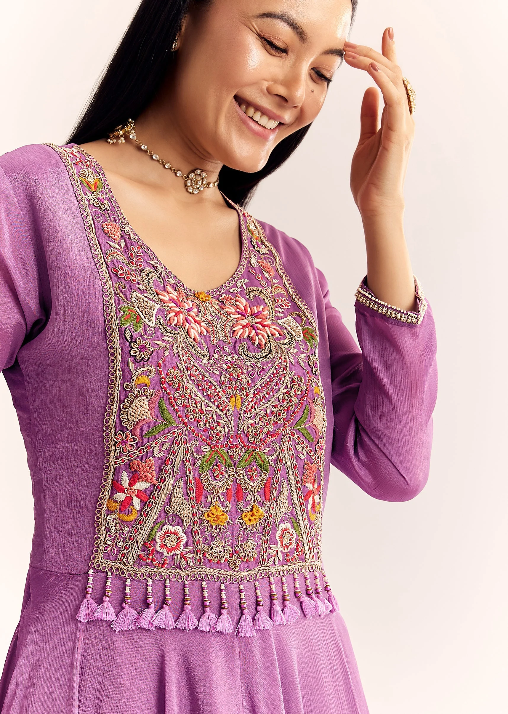 Purple Chinon Zardosi Kurta Palazzo Suit - Image 3