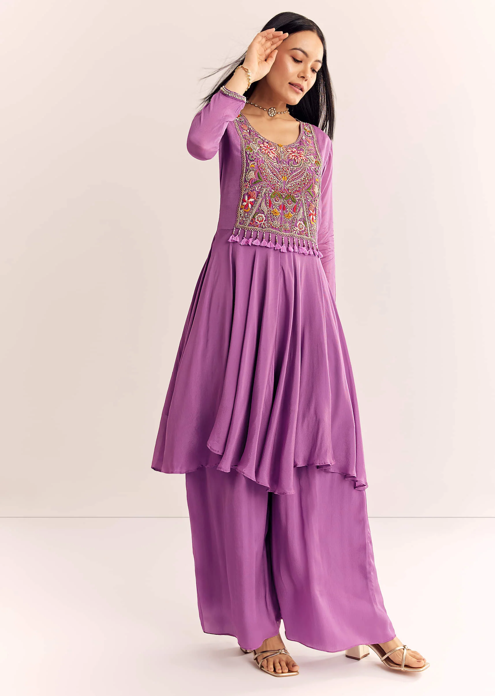 Purple Chinon Zardosi Kurta Palazzo Suit - Image 4