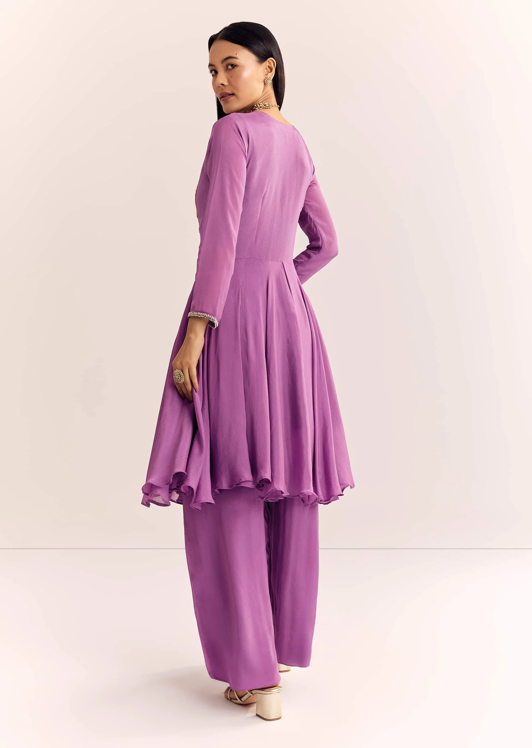 Purple Chinon Zardosi Kurta Palazzo Suit - Image 5