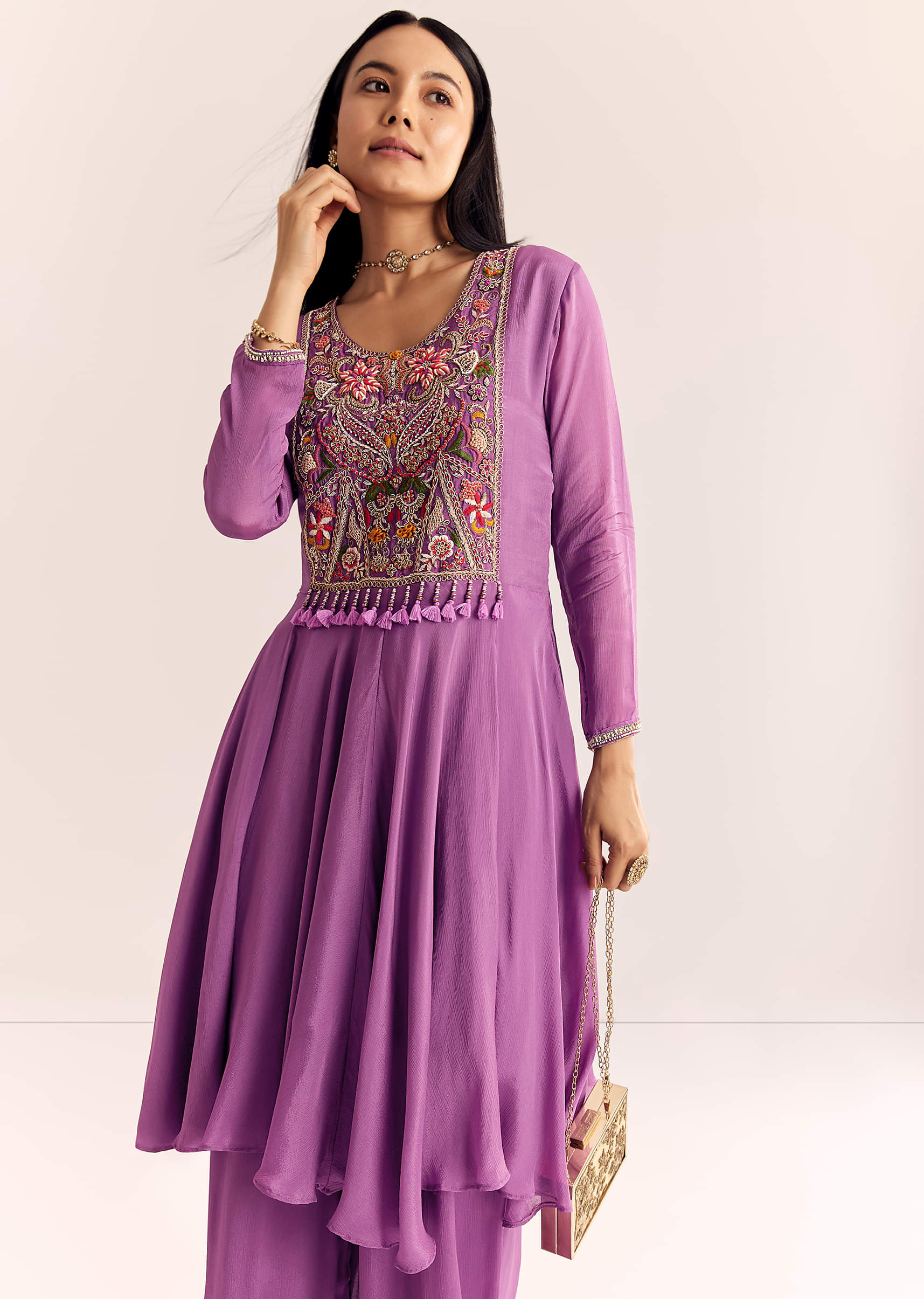 Purple Chinon Zardosi Kurta Palazzo Suit - Image 7
