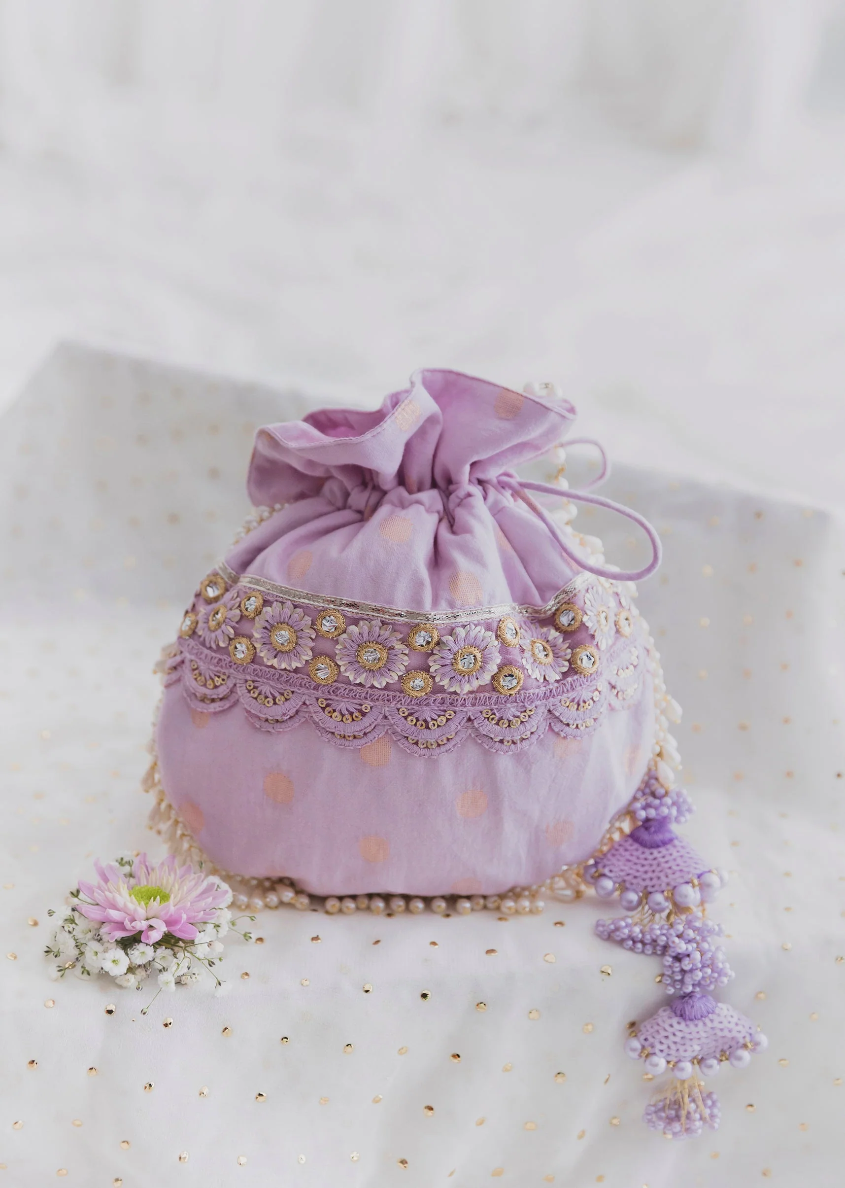 Purple Cotton Potli With Embroidery