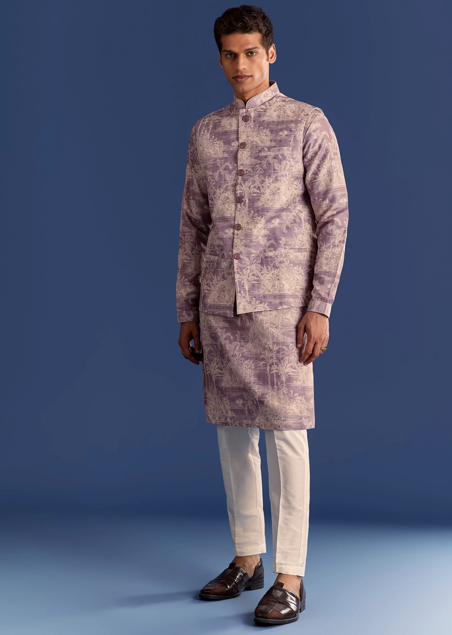 Purple Cotton Silk Kurta Jacket Set With Print - Image 2