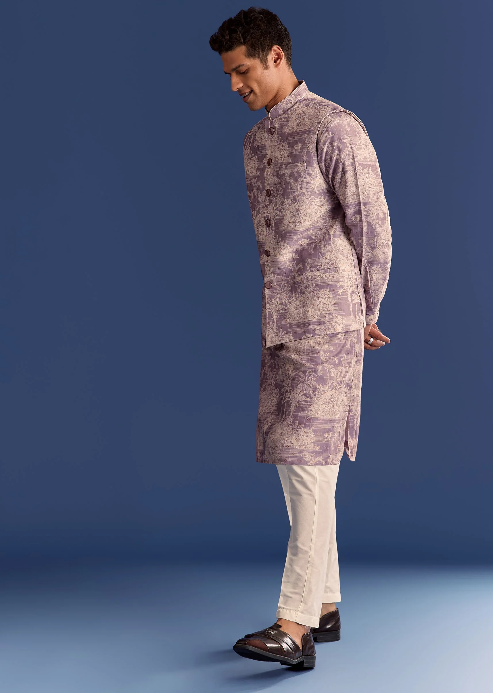 Purple Cotton Silk Kurta Jacket Set With Print - Image 4