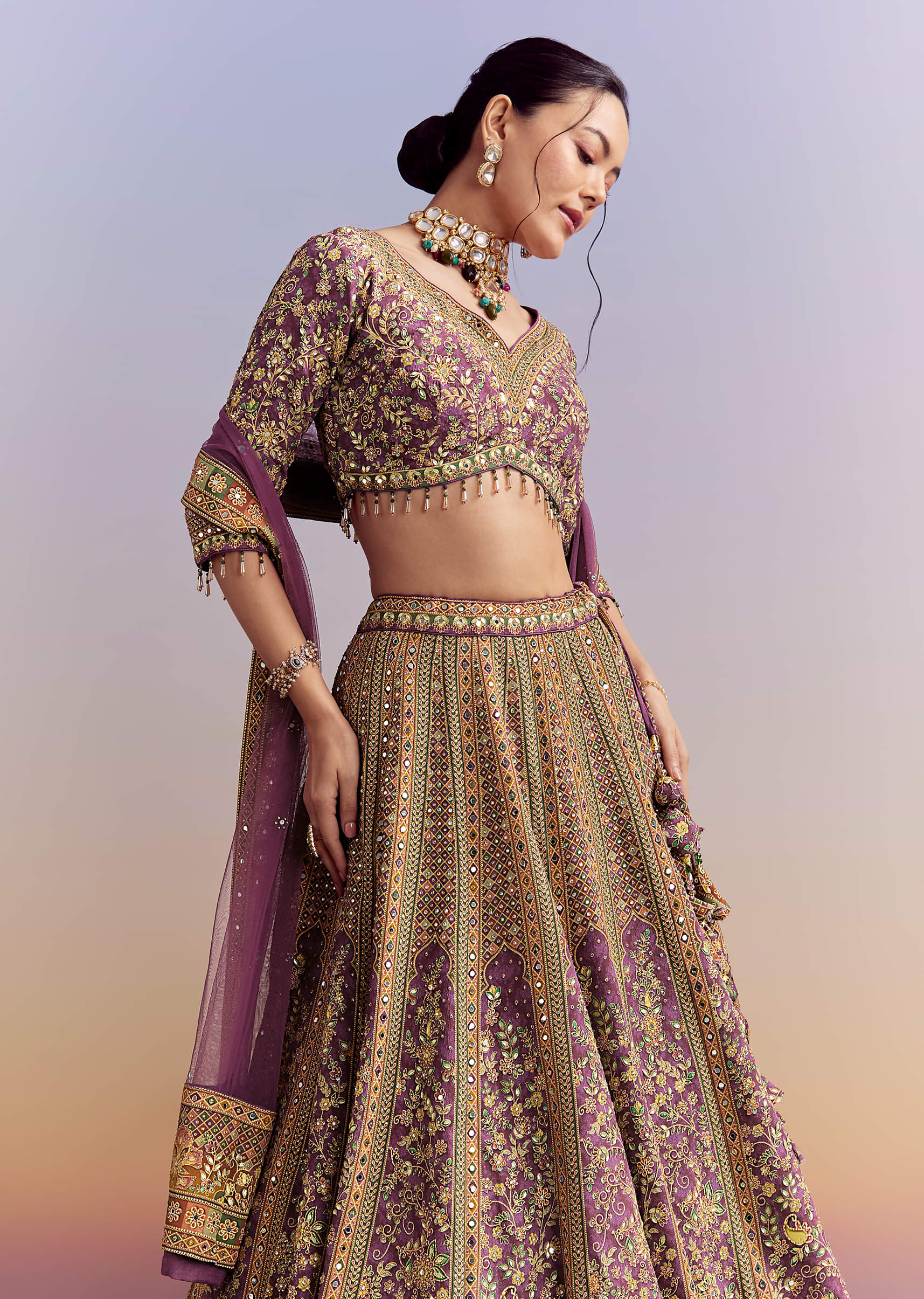 Purple Crepe Printed Bridesmaid Lehenga With Heavy Hand Embroidery - Image 5