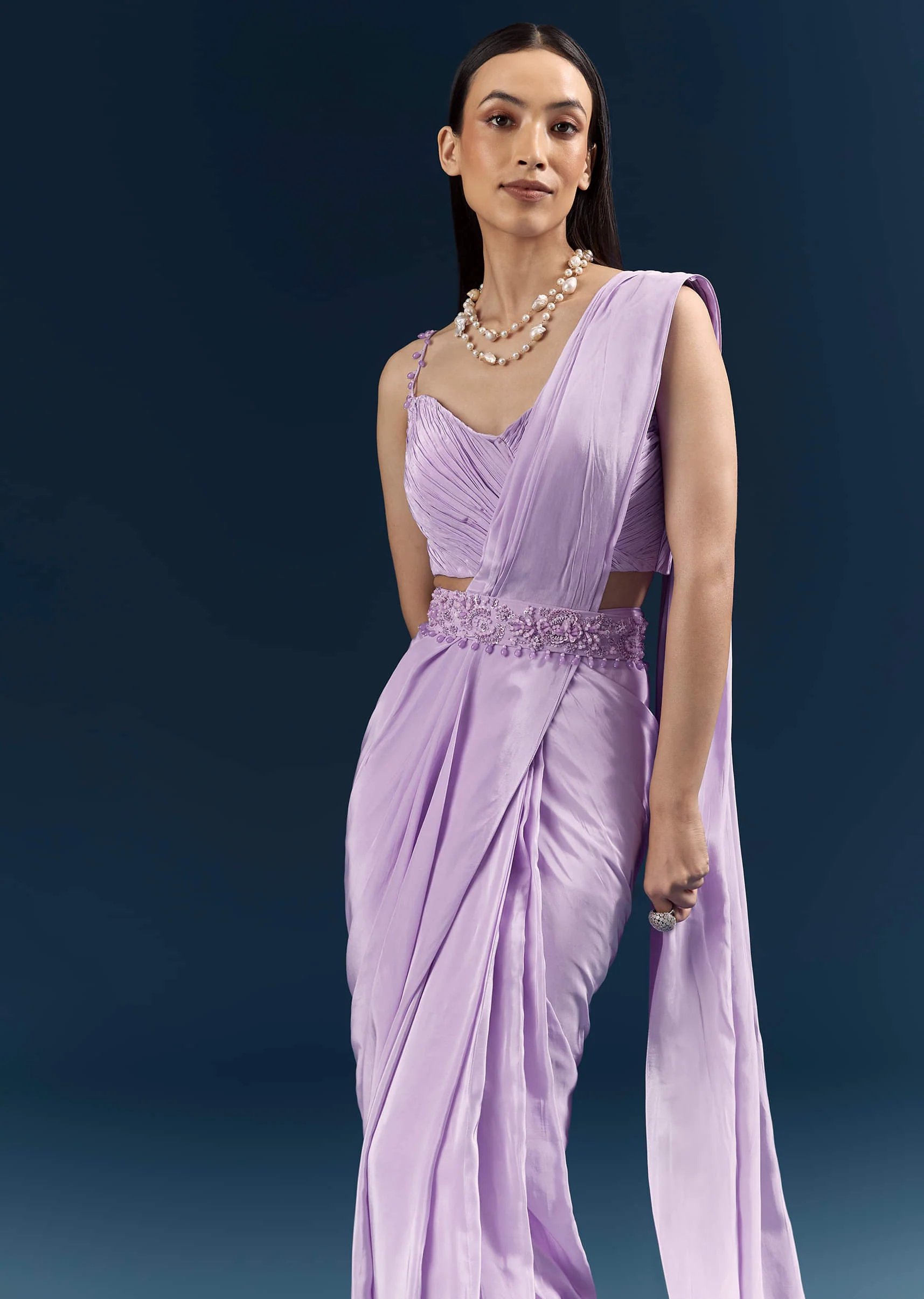 Purple Crepe Ready Pleated Saree With Heavy Embroidery - Image 3