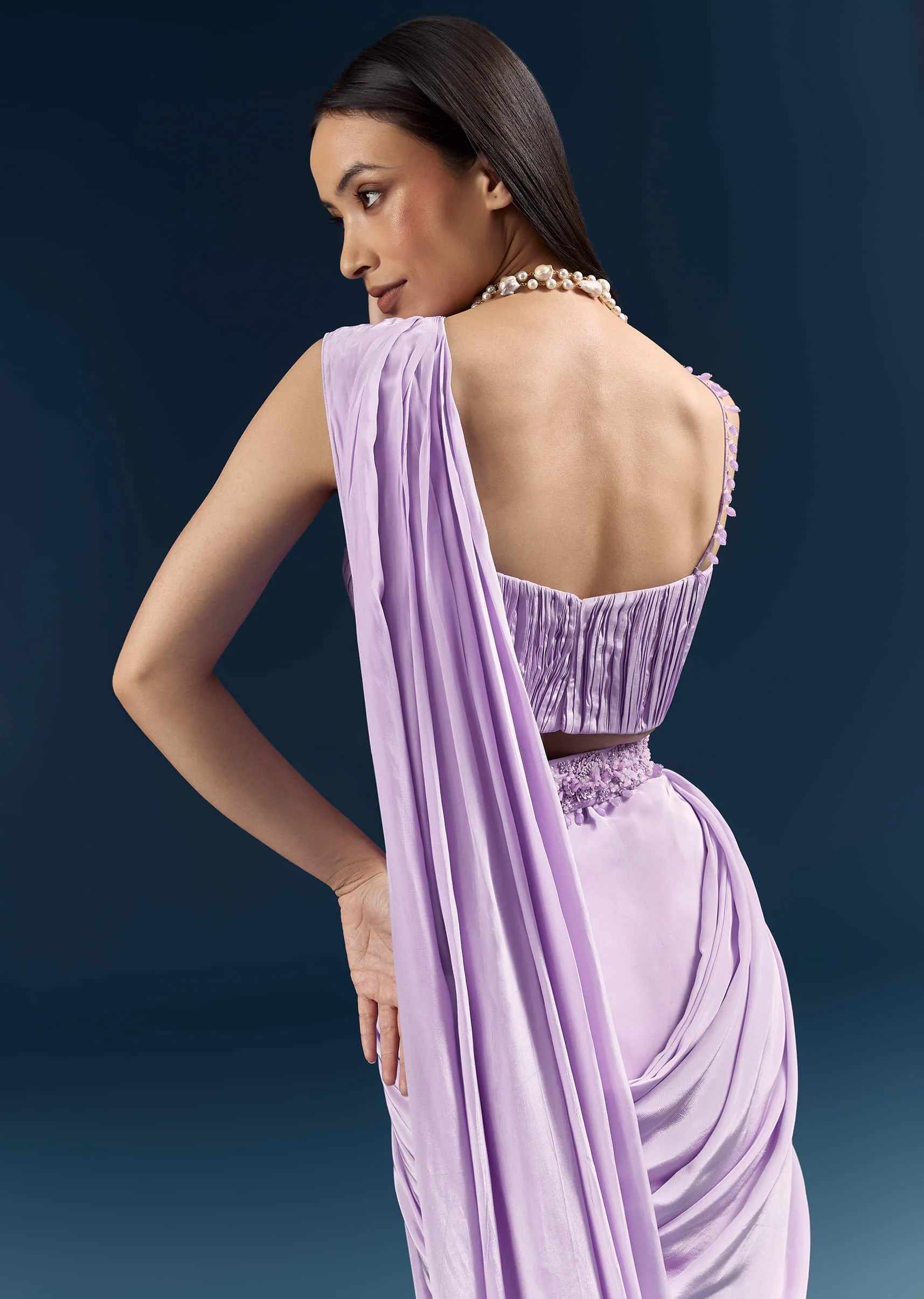 Purple Crepe Ready Pleated Saree With Heavy Embroidery - Image 6