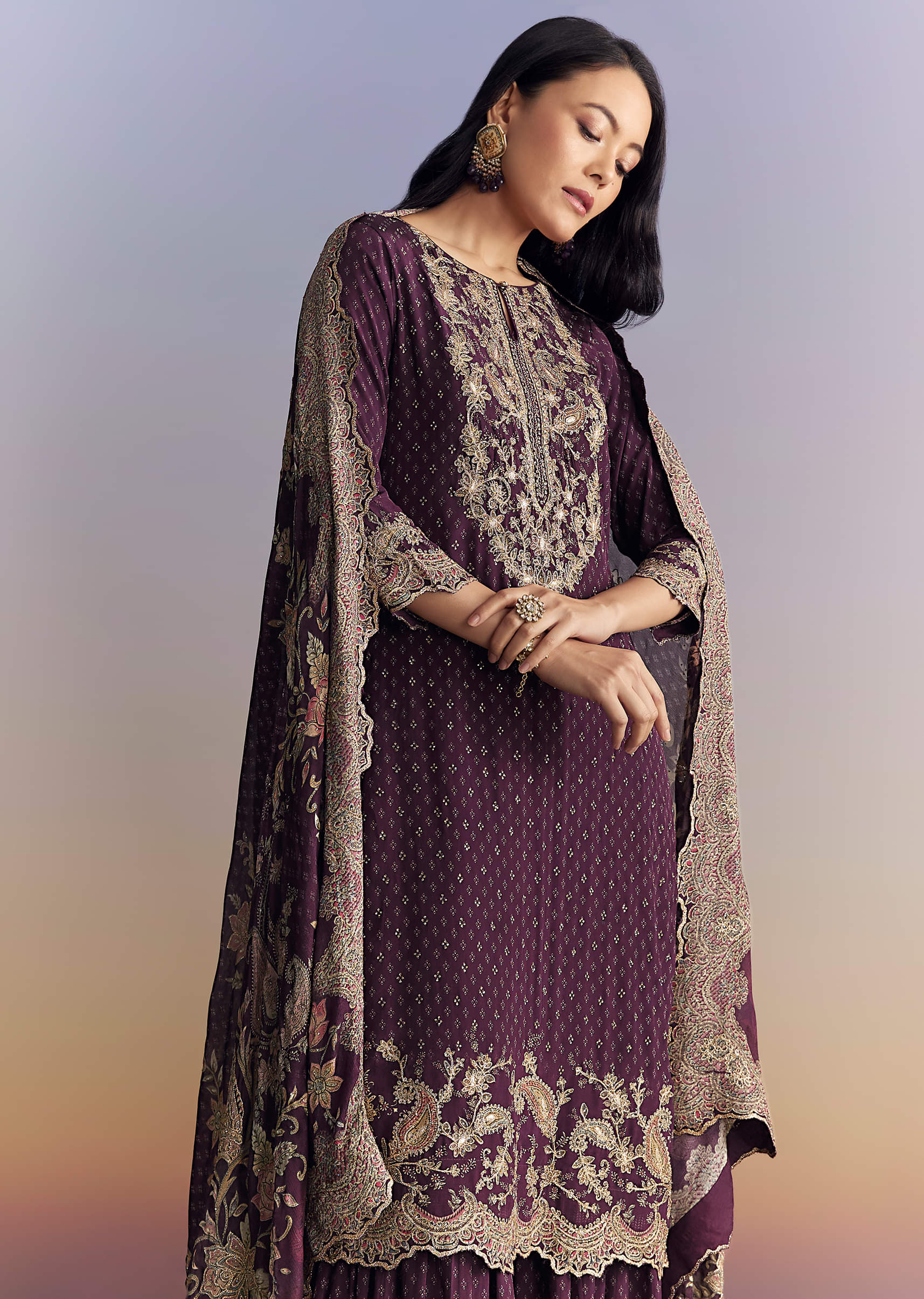 Purple Crepe Sharara Suit With Indie Print And Zari Work - Image 4