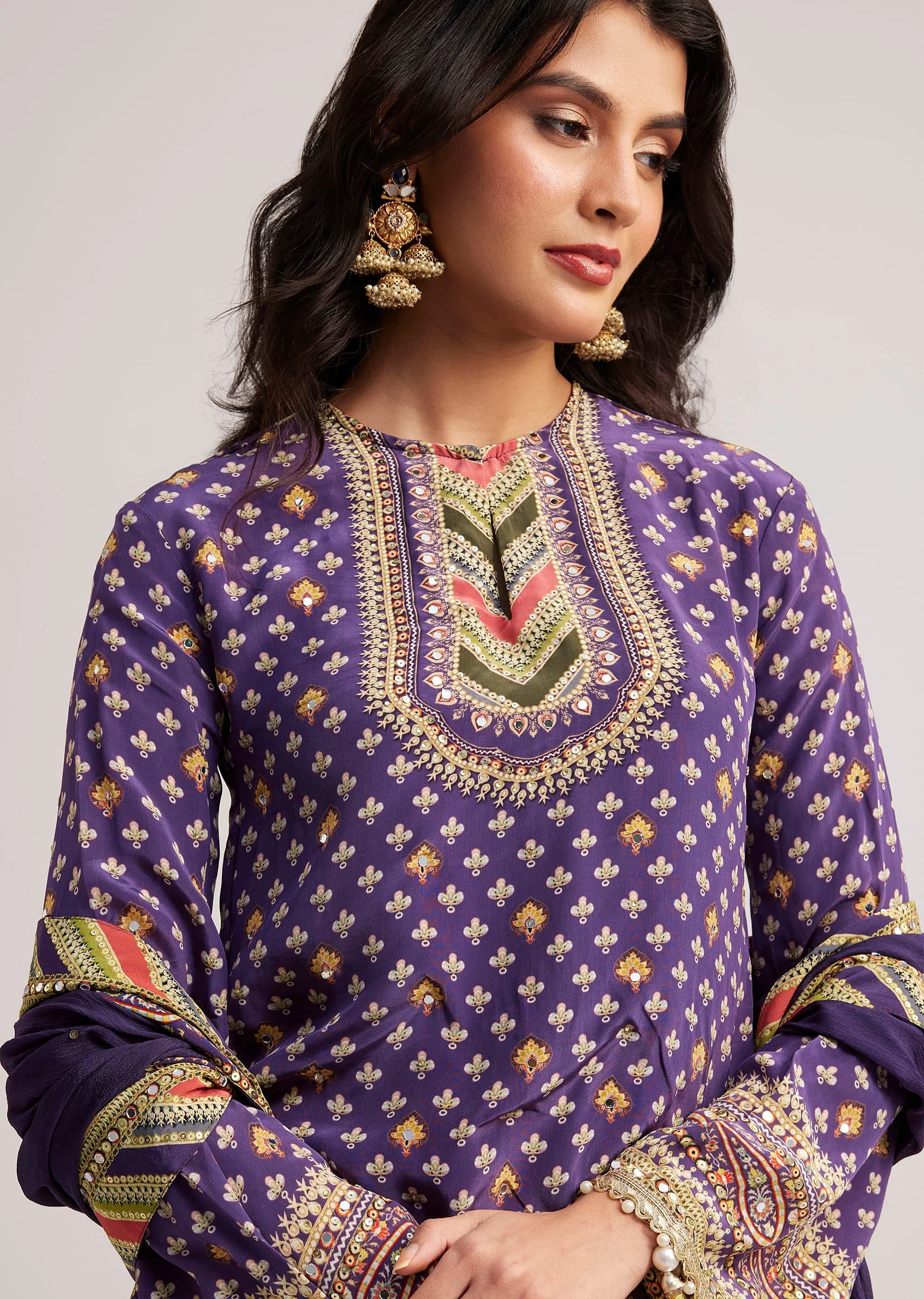 Purple Crepe Silk Sharara Set With Mirror And Sequins Work - Image 2