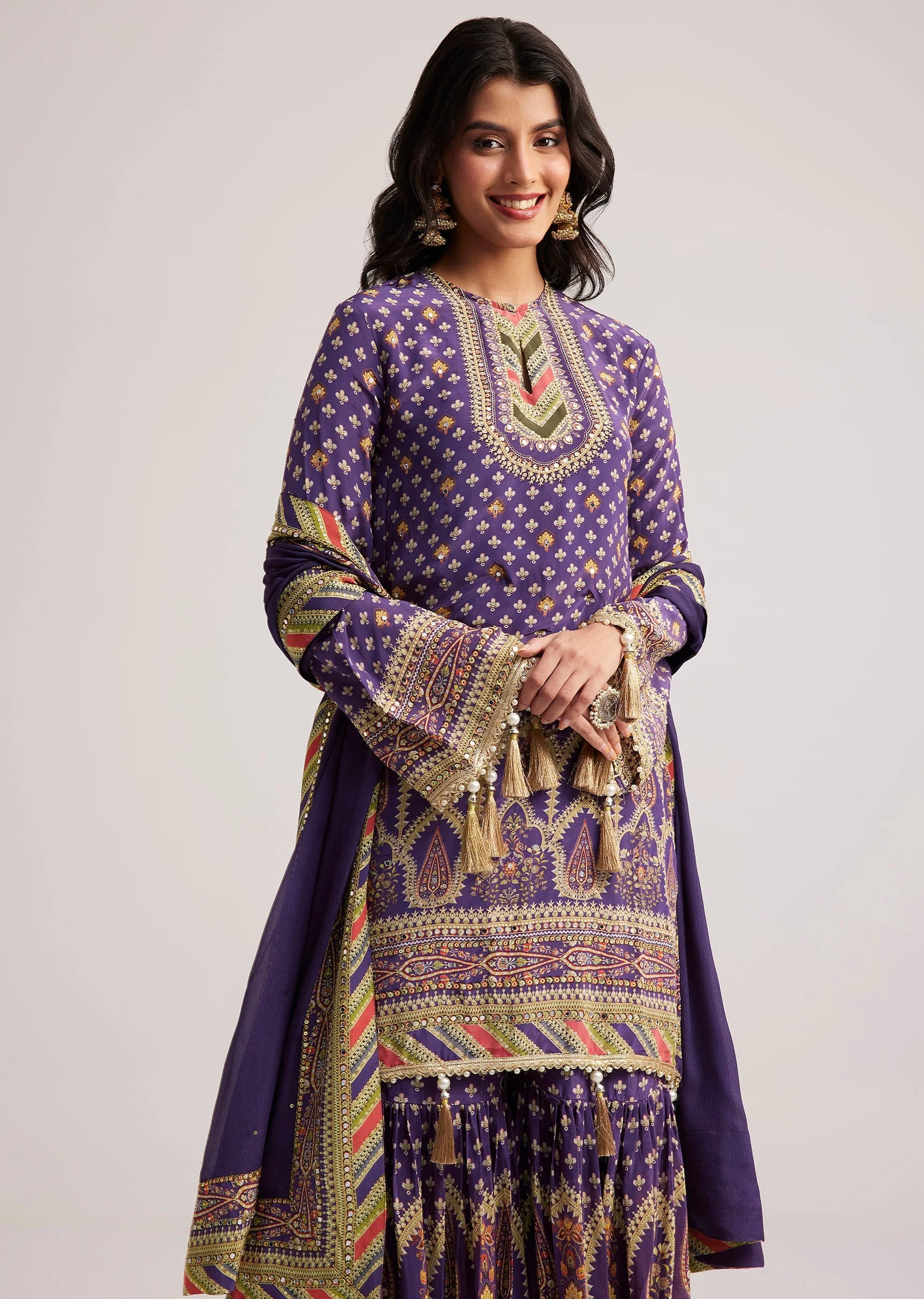 Purple Crepe Silk Sharara Set With Mirror And Sequins Work - Image 4