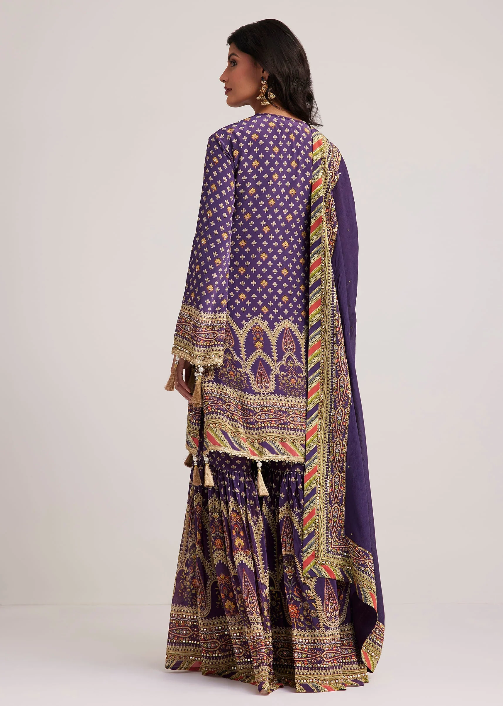 Purple Crepe Silk Sharara Set With Mirror And Sequins Work - Image 5