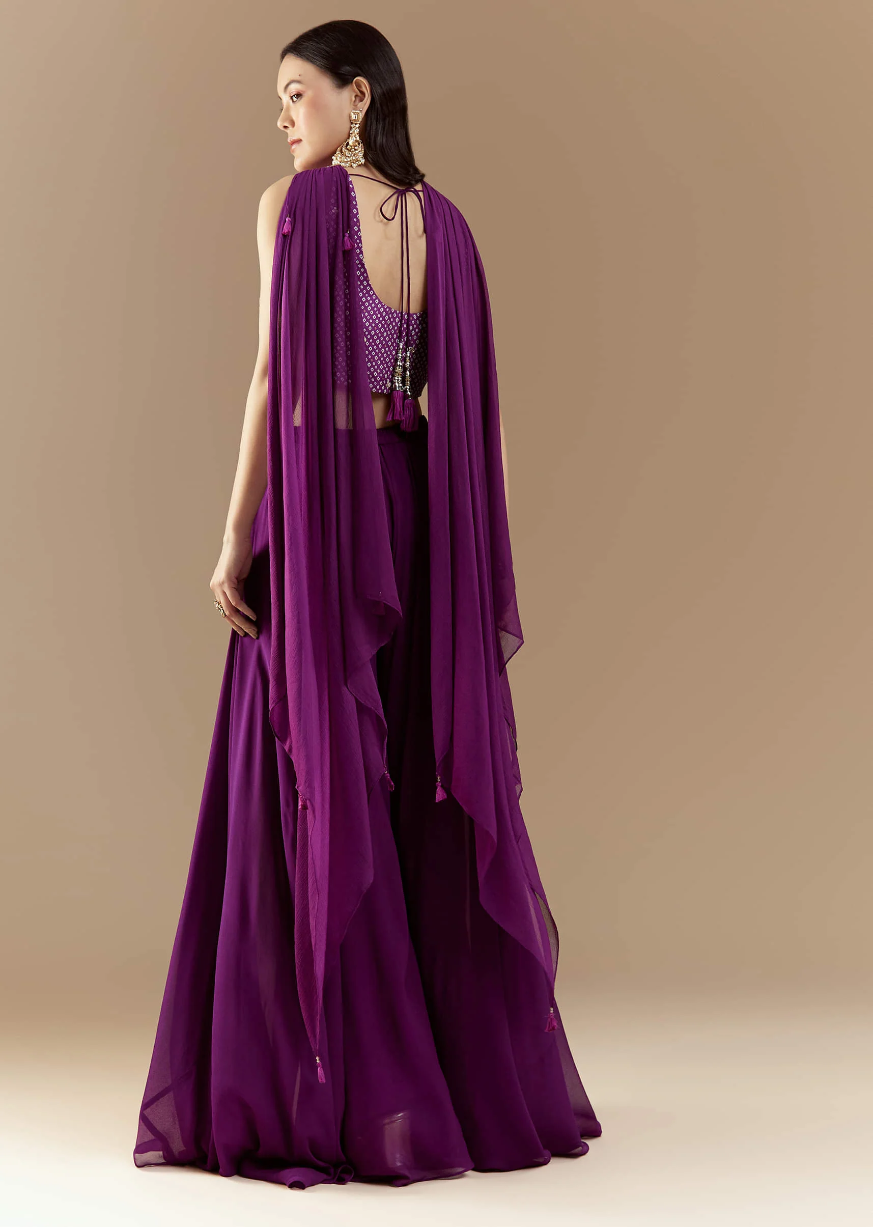 Purple Crop Top Pant Set with Bandhani Work - Image 5