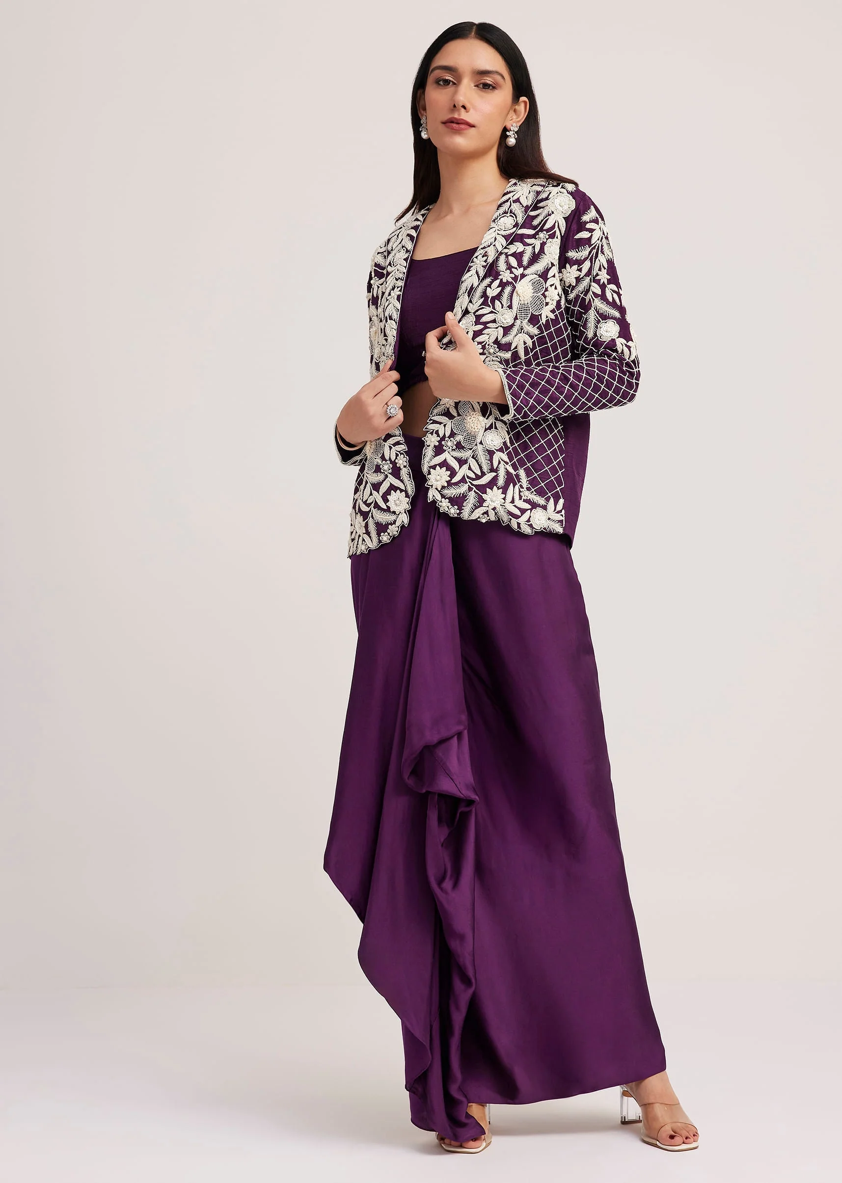 Purple Crop Top Skirt And Embroidered Jacket Set - Image 2