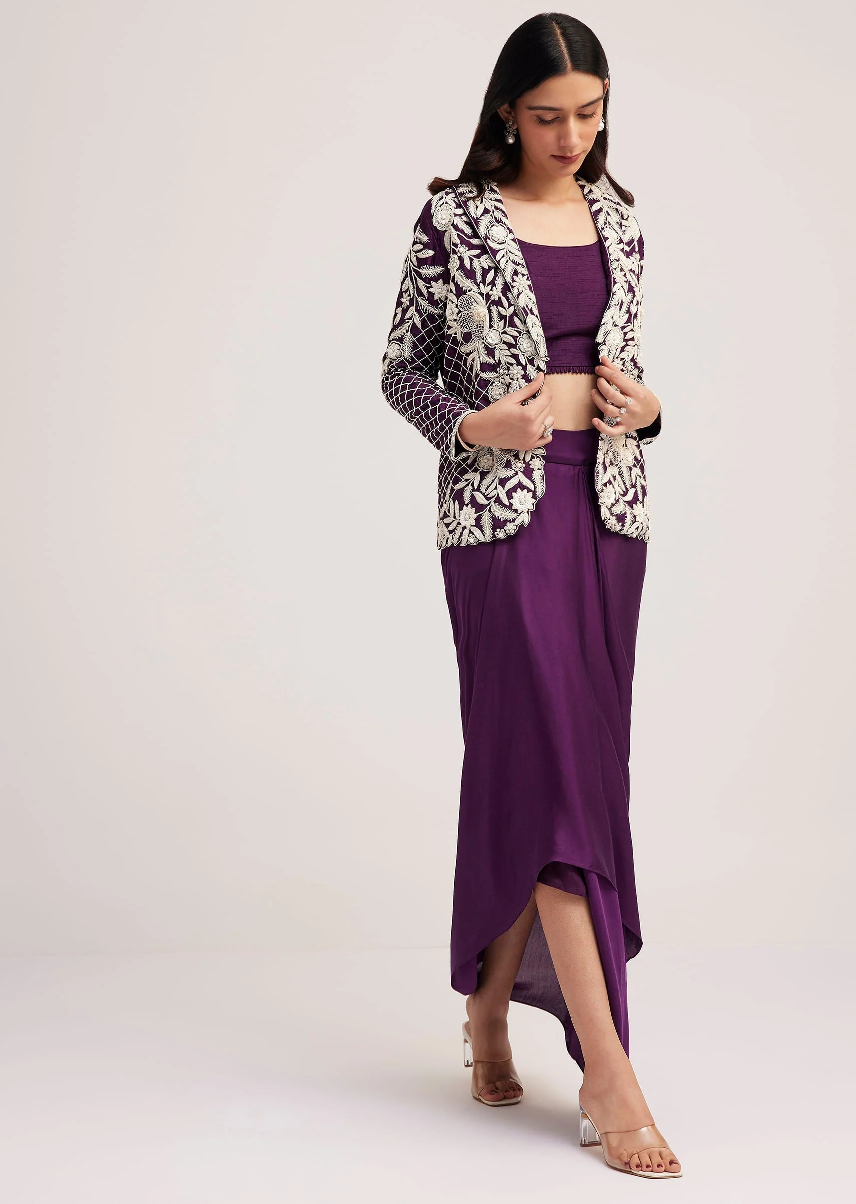 Purple Crop Top Skirt And Embroidered Jacket Set - Image 4