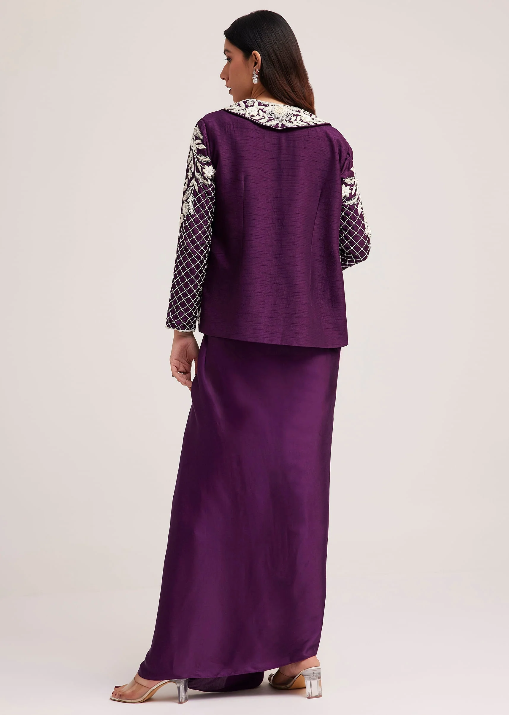 Purple Crop Top Skirt And Embroidered Jacket Set - Image 5