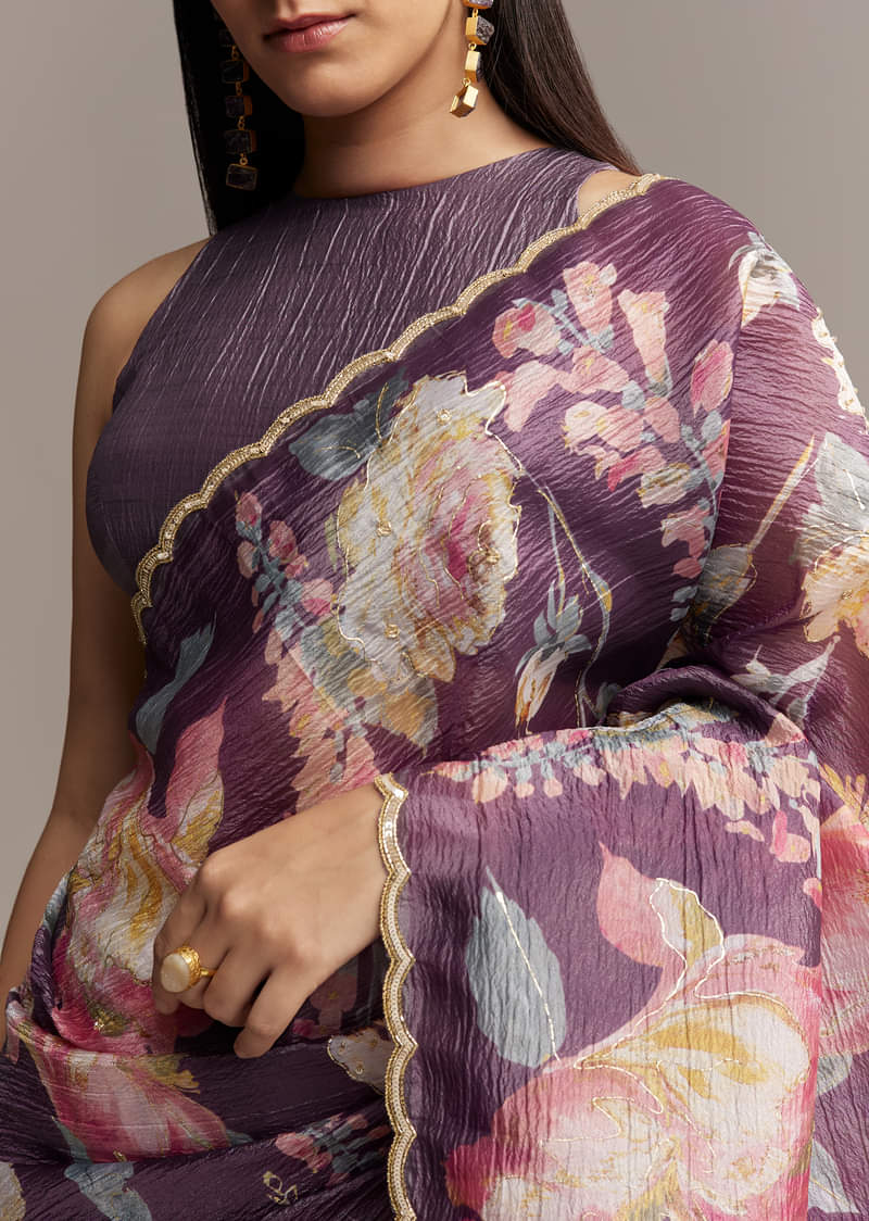 Purple Crush Tissue Saree With Floral Print And Embroidered Border - Image 2