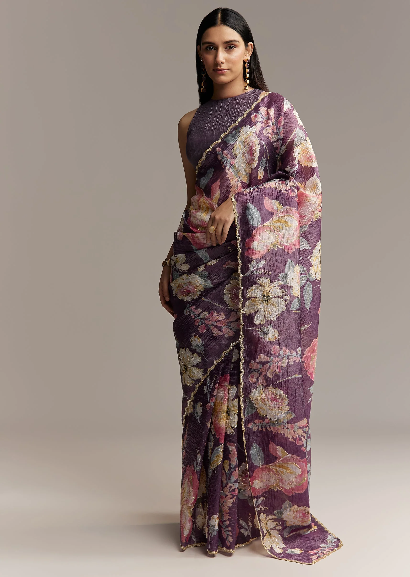 Purple Crush Tissue Saree With Floral Print And Embroidered Border - Image 3