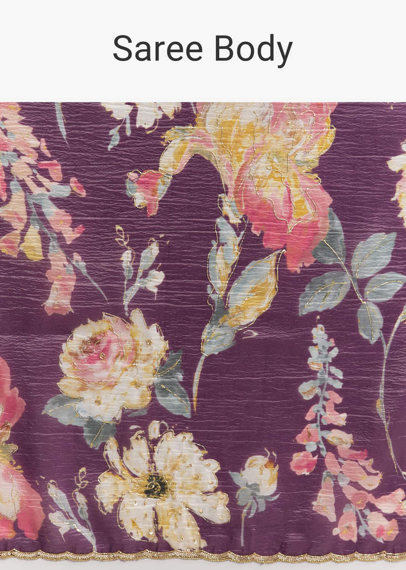 Purple Crush Tissue Saree With Floral Print And Embroidered Border - Image 9
