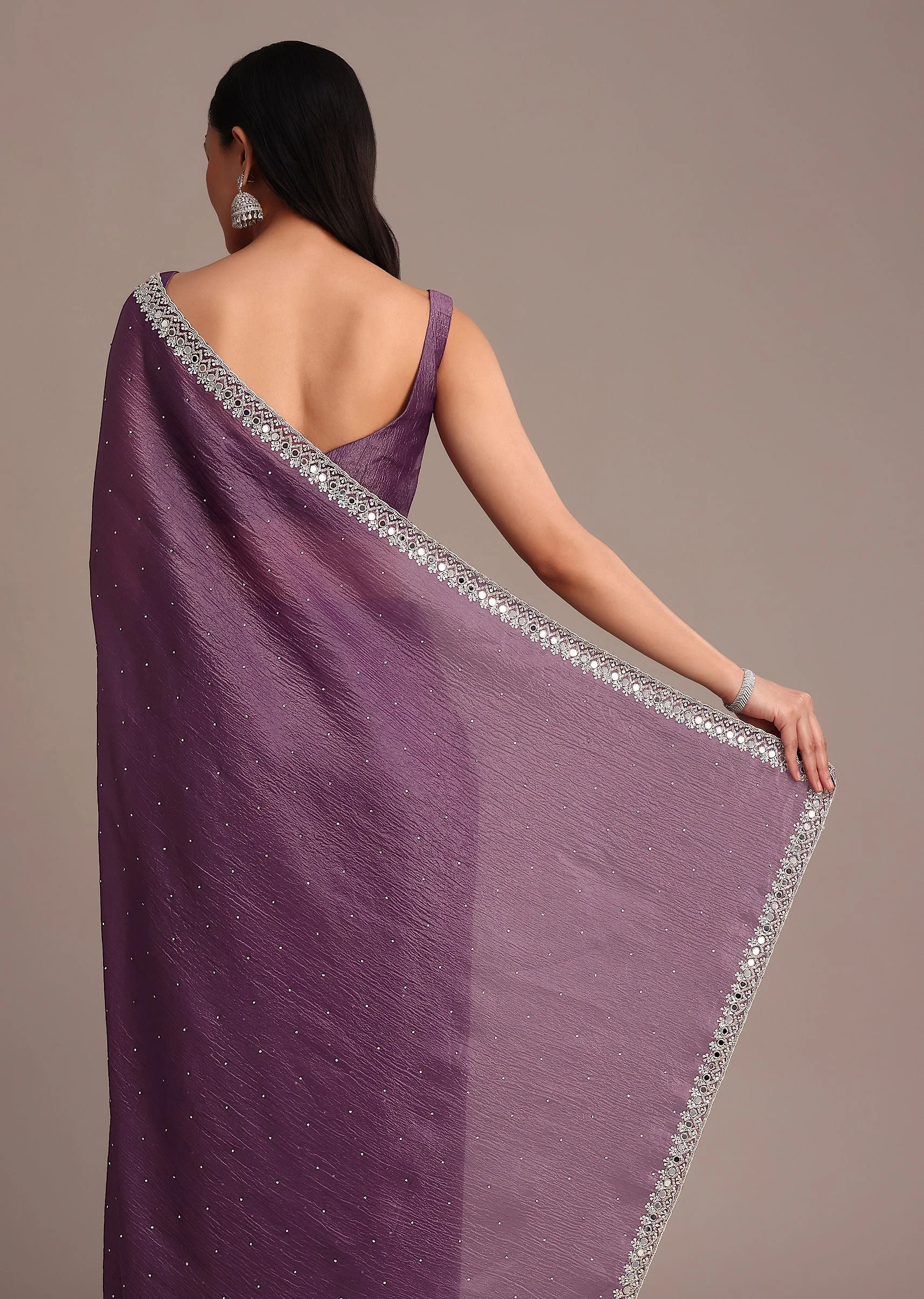 Purple Crushed Tissue Saree With Mirror And Cutdana Embellished Border - Image 6