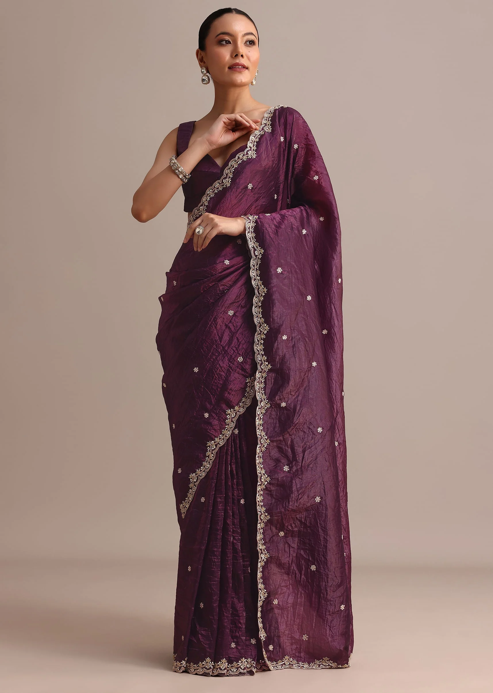 Purple Crushed Tissue Saree With Sequin And Cutdana Embroidered Border