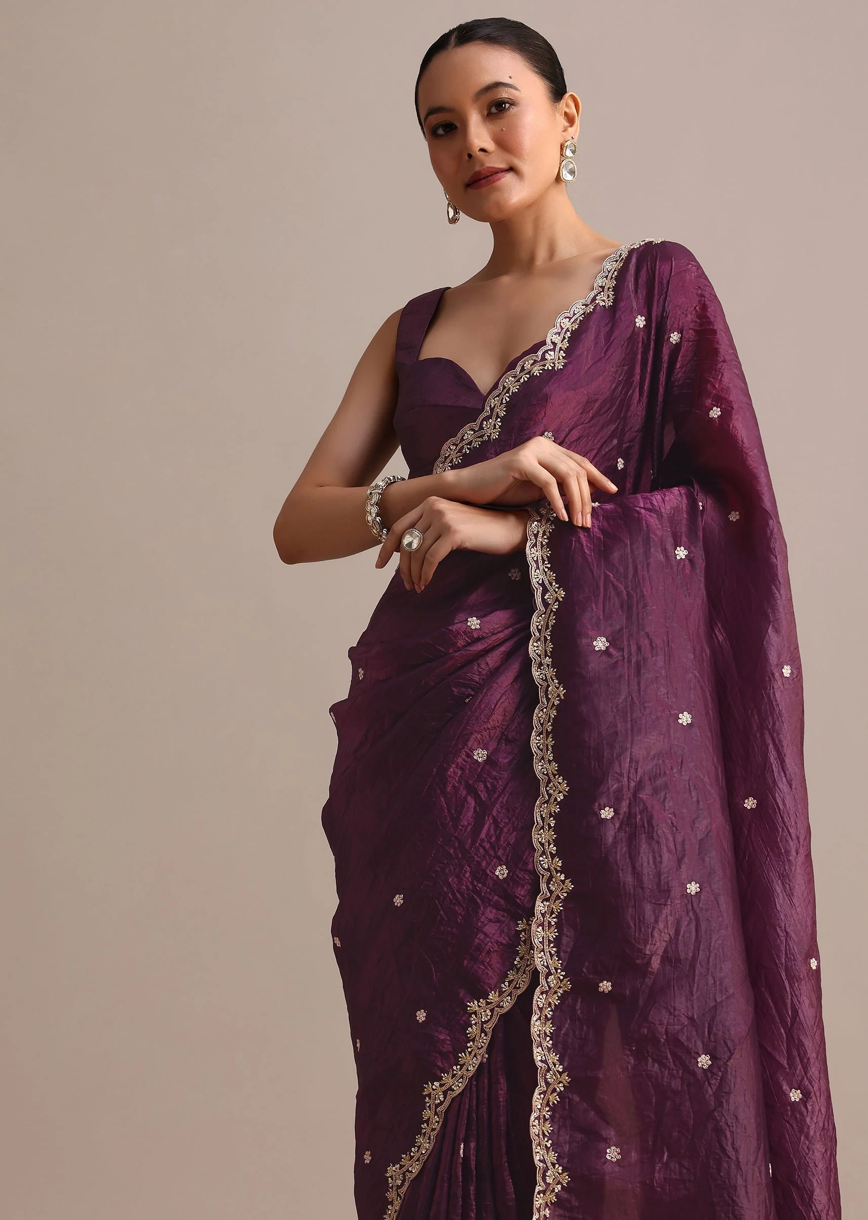 Purple Crushed Tissue Saree With Sequin And Cutdana Embroidered Border - Image 2
