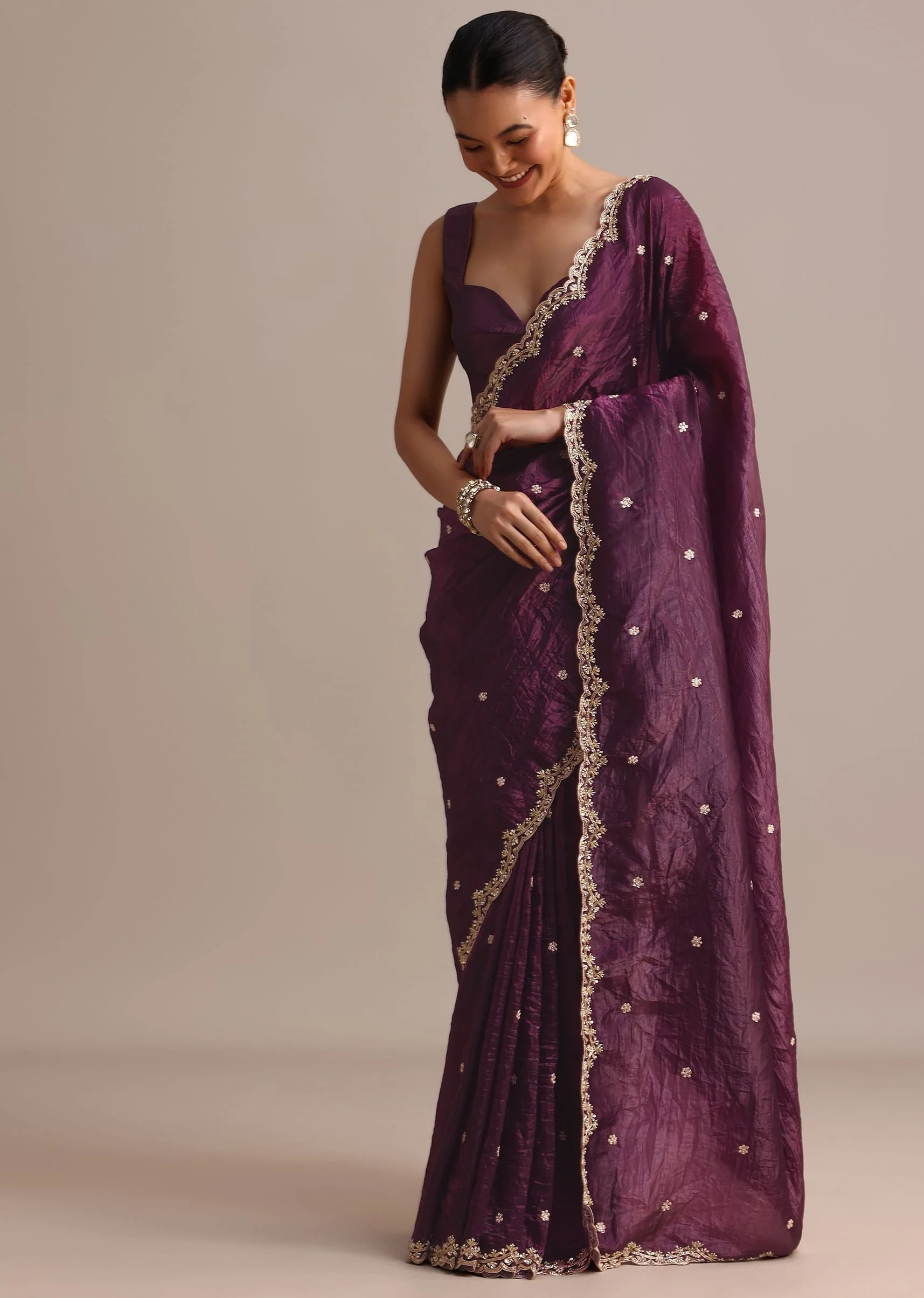 Purple Crushed Tissue Saree With Sequin And Cutdana Embroidered Border - Image 3