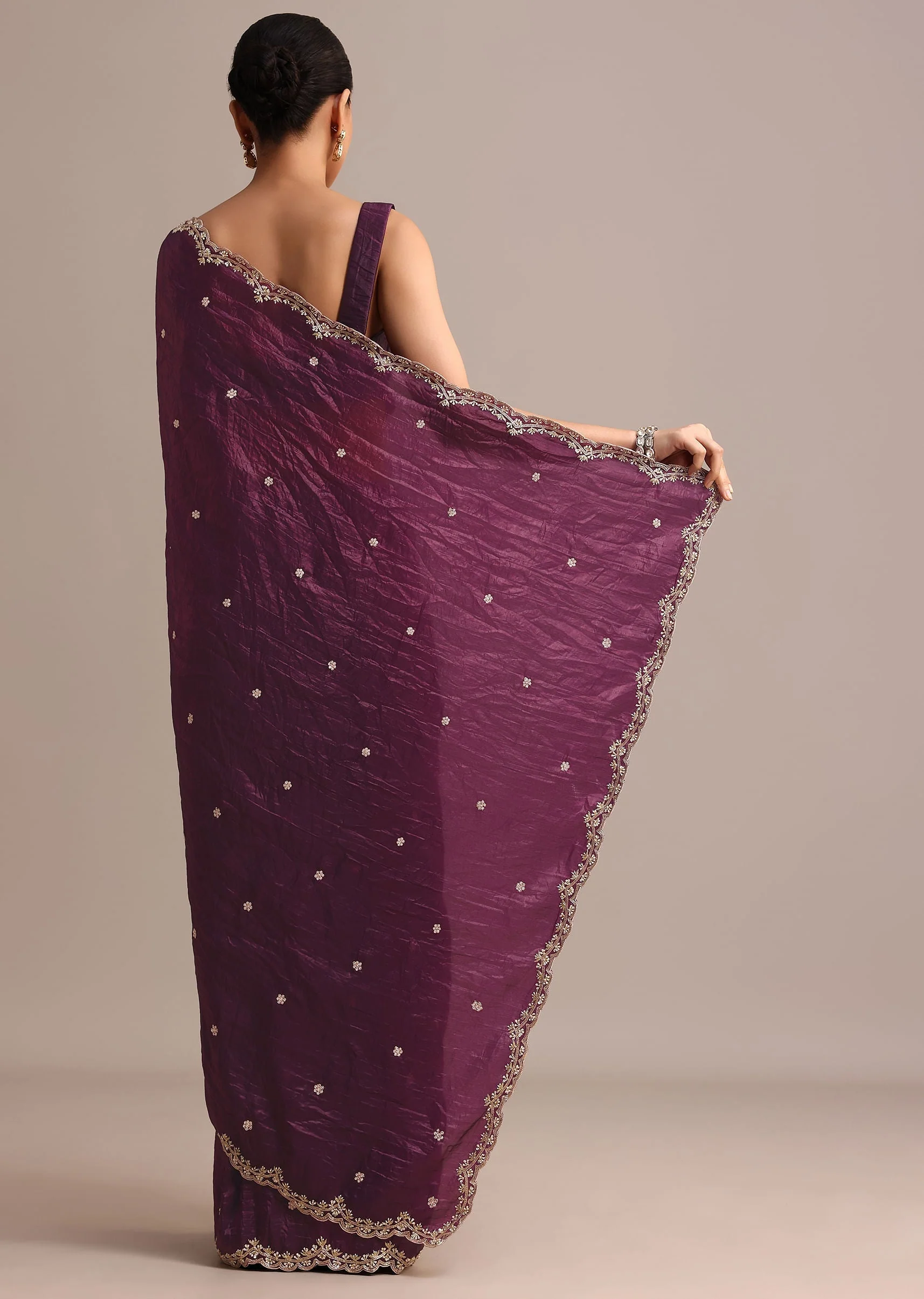 Purple Crushed Tissue Saree With Sequin And Cutdana Embroidered Border - Image 4
