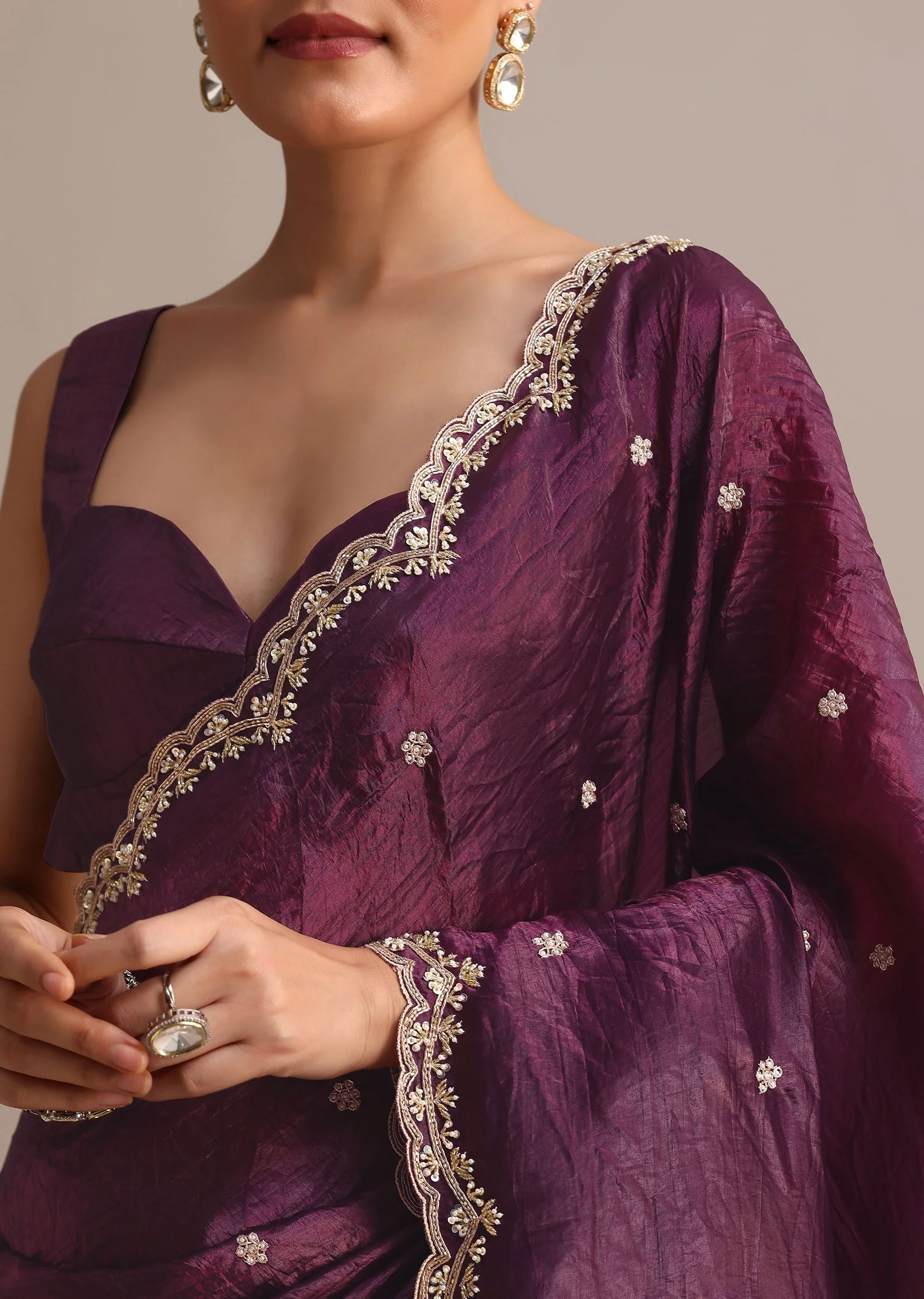 Purple Crushed Tissue Saree With Sequin And Cutdana Embroidered Border - Image 5
