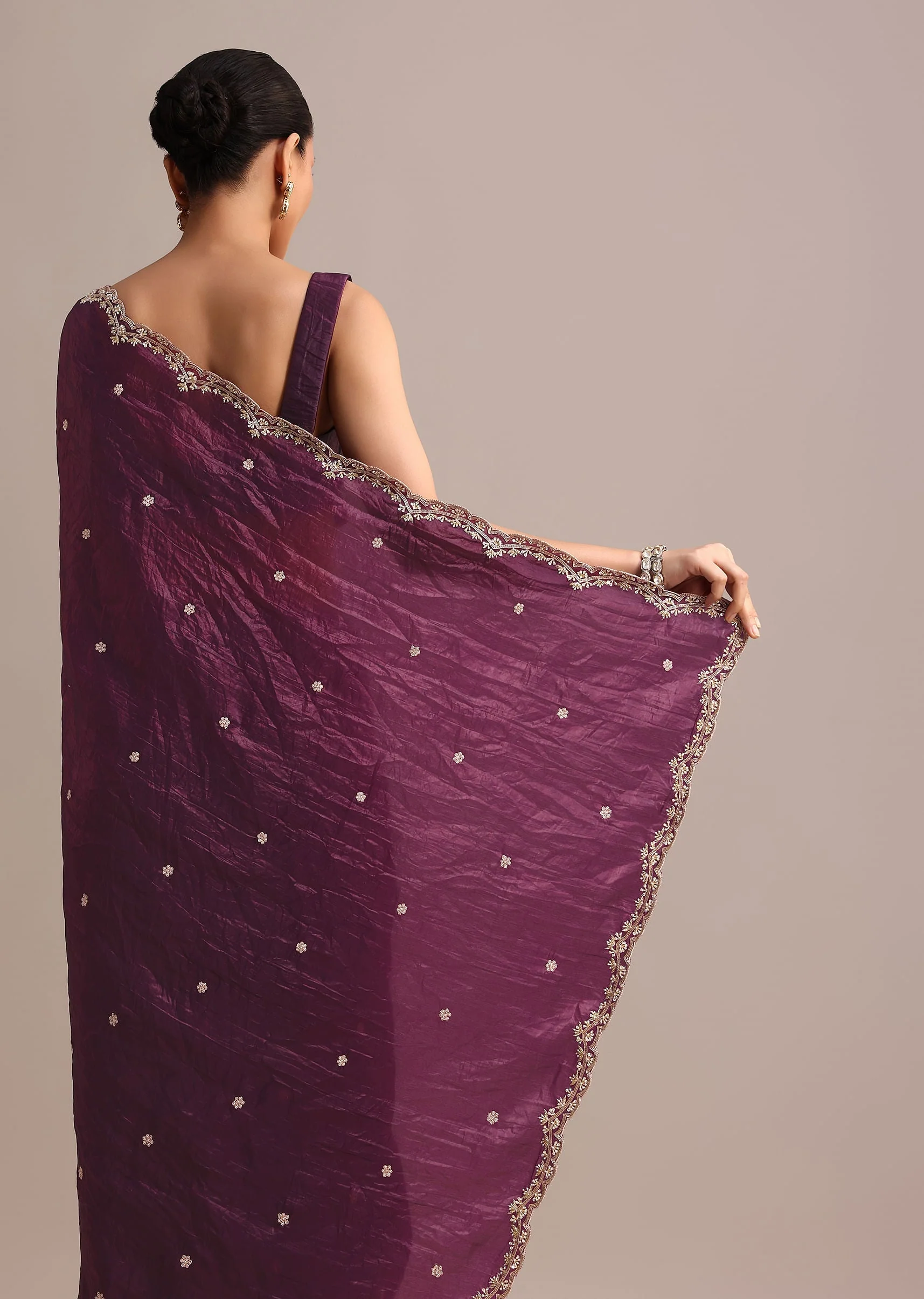 Purple Crushed Tissue Saree With Sequin And Cutdana Embroidered Border - Image 6