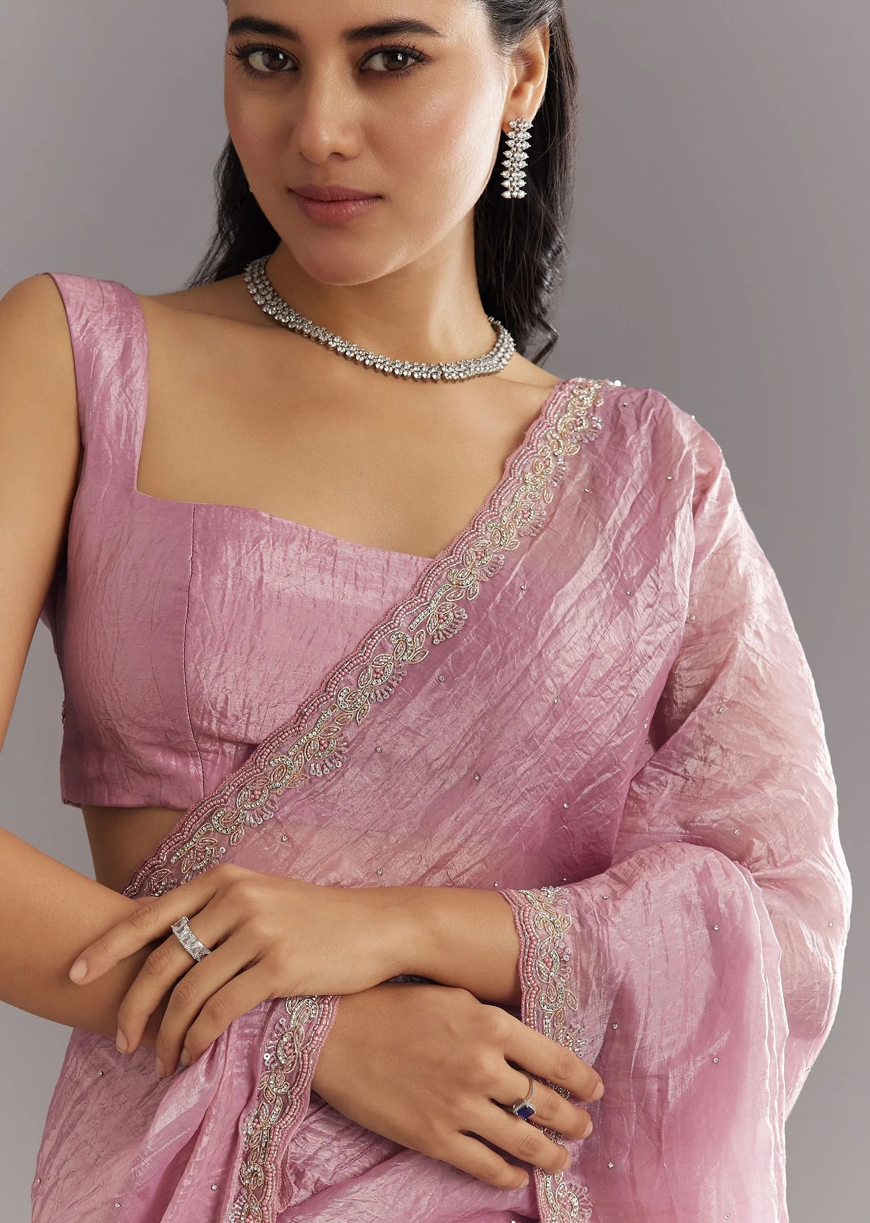 Purple Crushed Tissue Saree With Stone Embellishment And Embroidered Border - Image 2