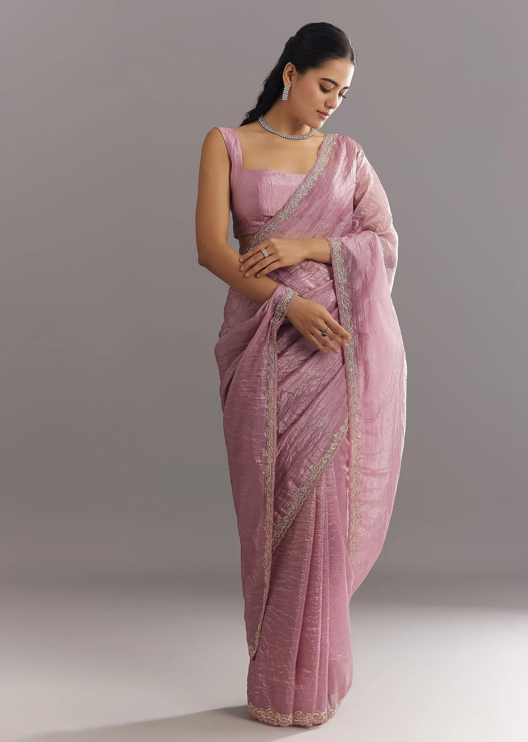 Purple Crushed Tissue Saree With Stone Embellishment And Embroidered Border - Image 3