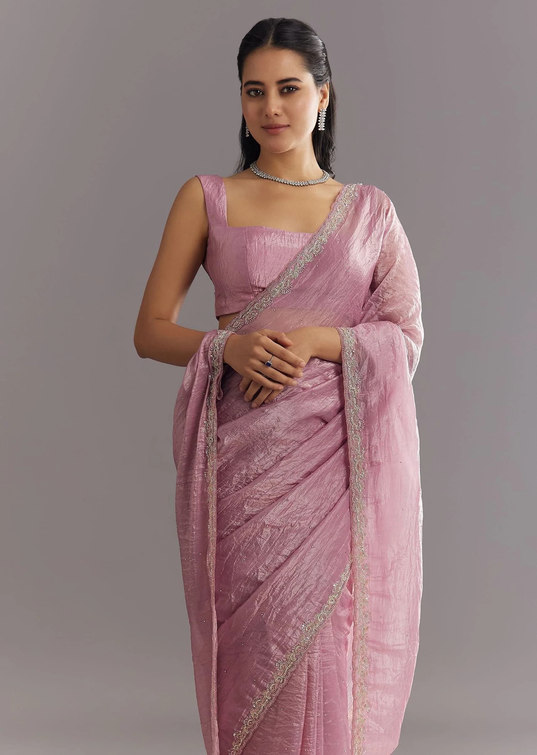 Purple Crushed Tissue Saree With Stone Embellishment And Embroidered Border - Image 5