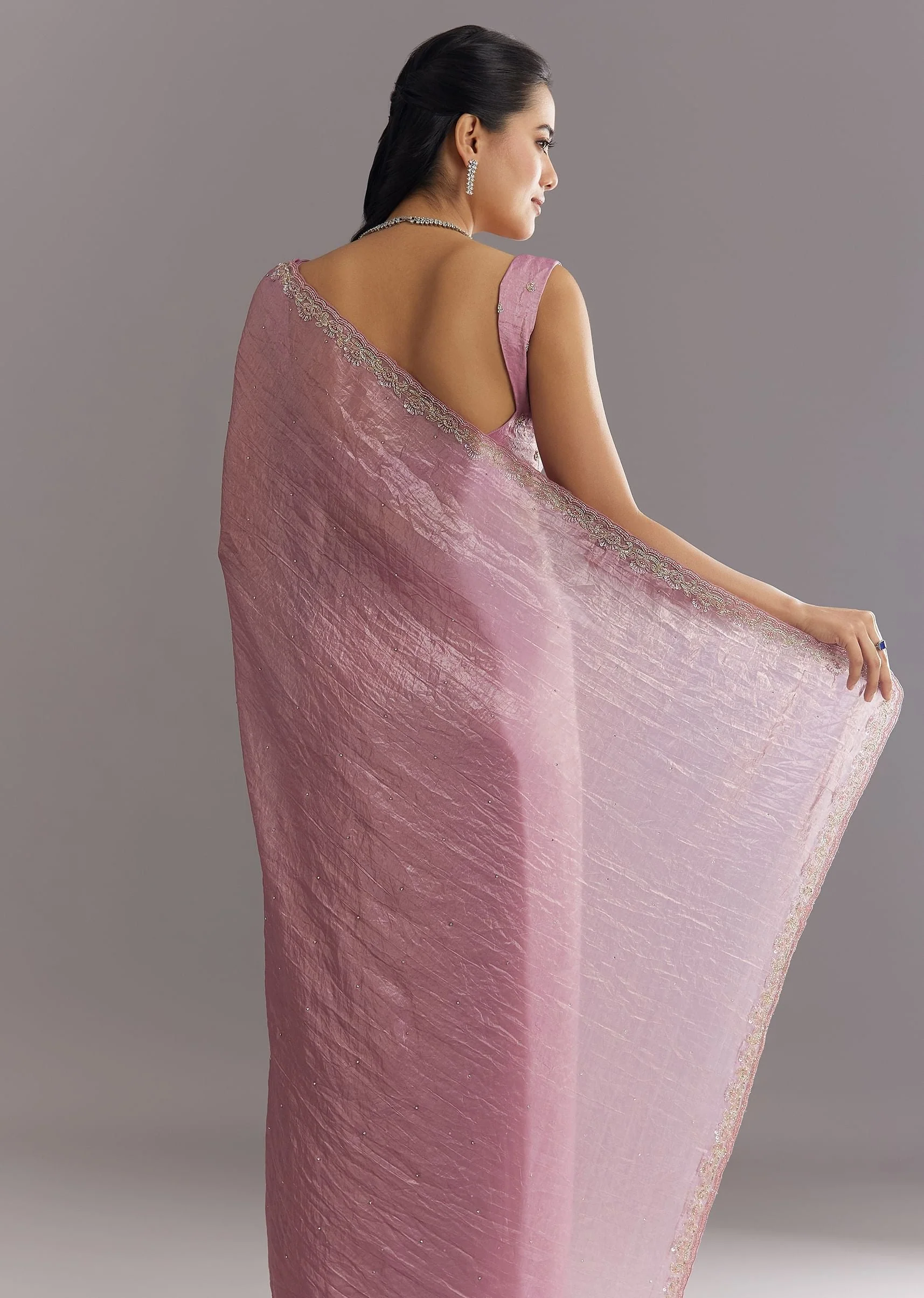 Purple Crushed Tissue Saree With Stone Embellishment And Embroidered Border - Image 6