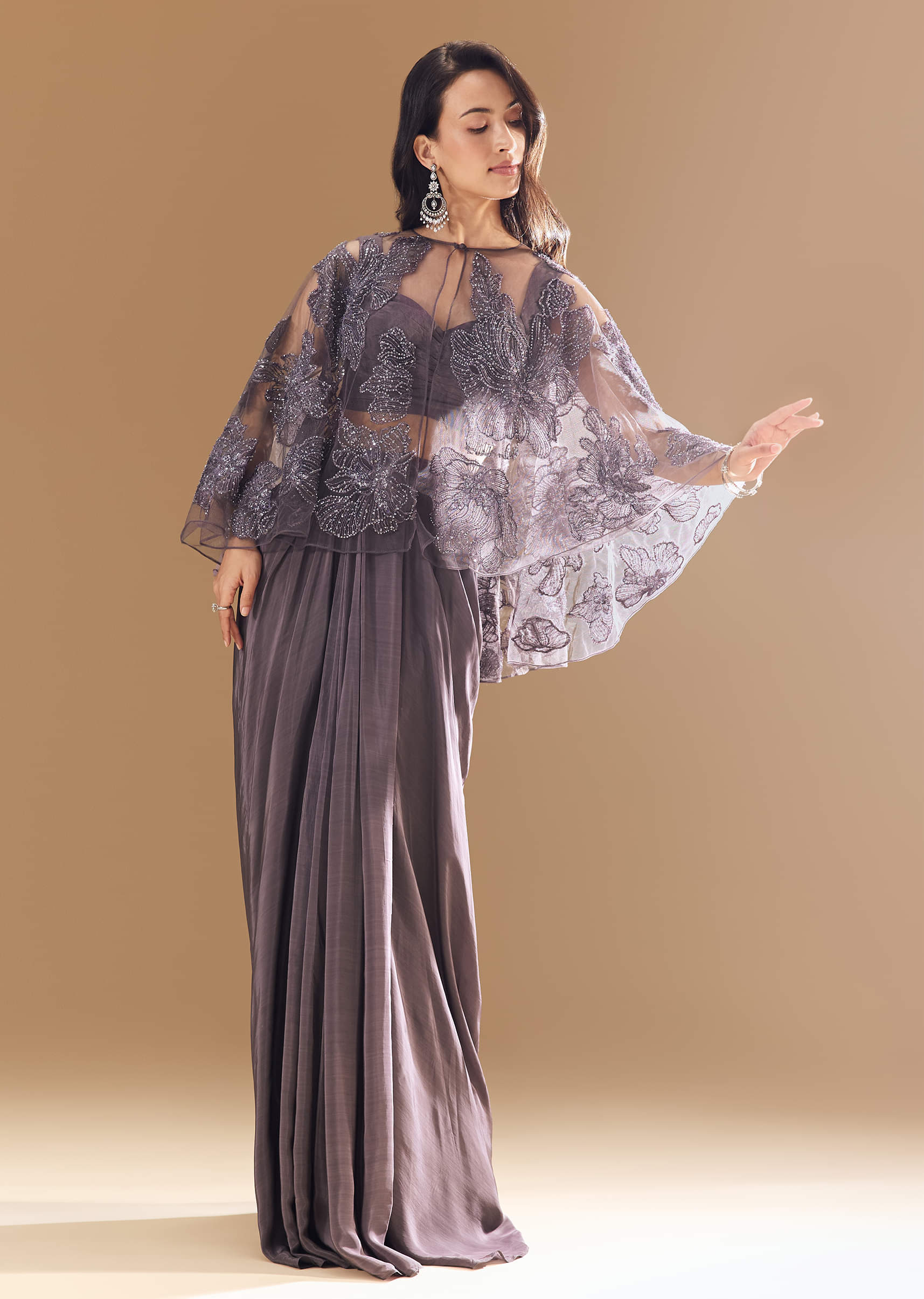 Purple Cutdana Embellished Crop Top Skirt Set with Cape