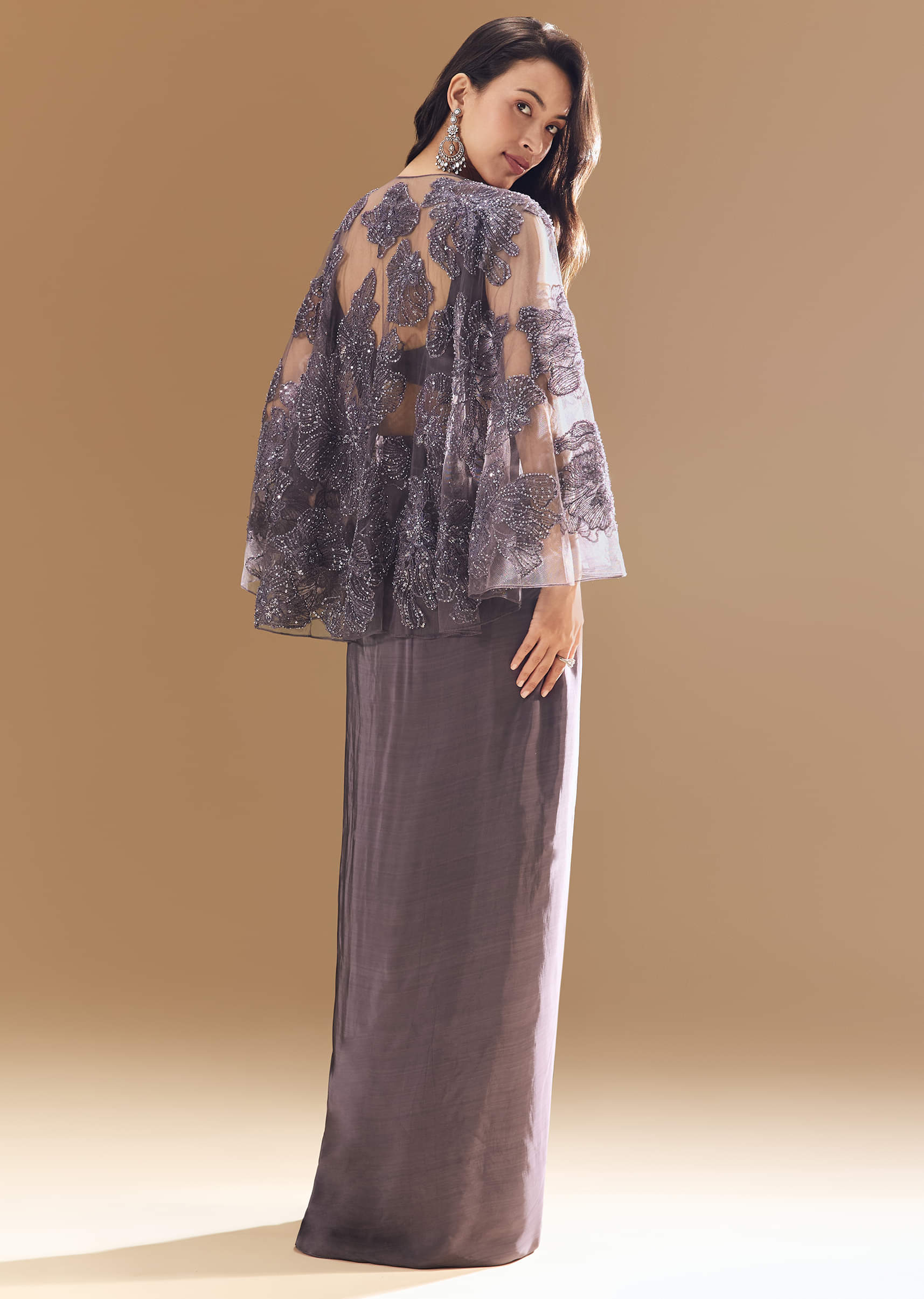 Purple Cutdana Embellished Crop Top Skirt Set with Cape - Image 2