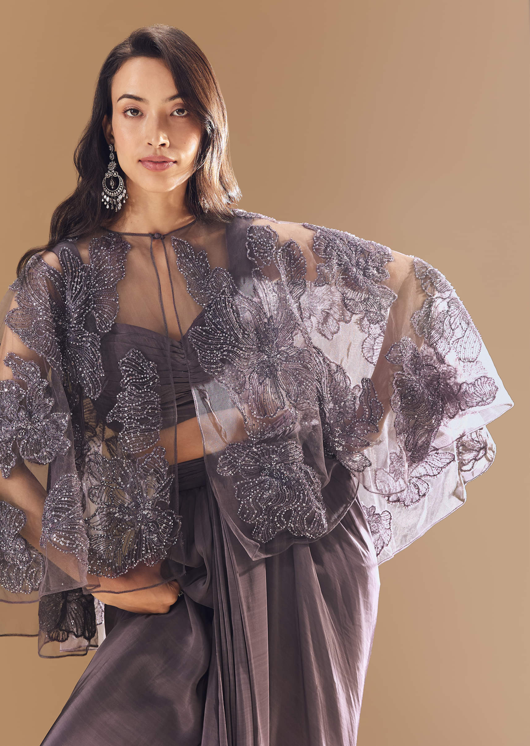Purple Cutdana Embellished Crop Top Skirt Set with Cape - Image 3