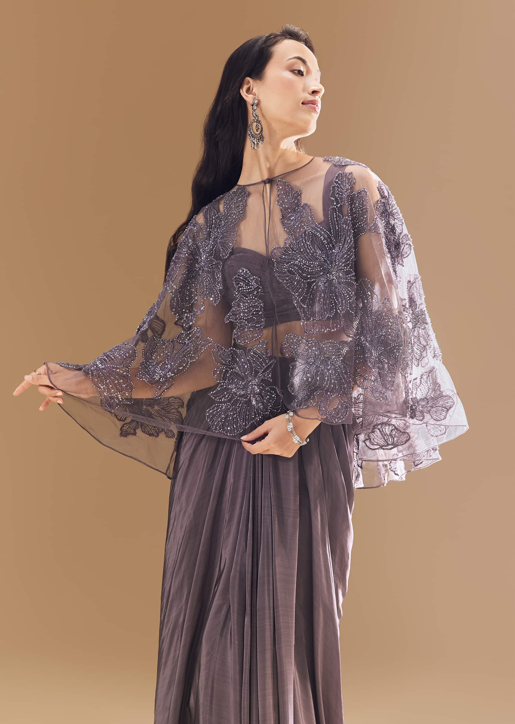 Purple Cutdana Embellished Crop Top Skirt Set with Cape - Image 5