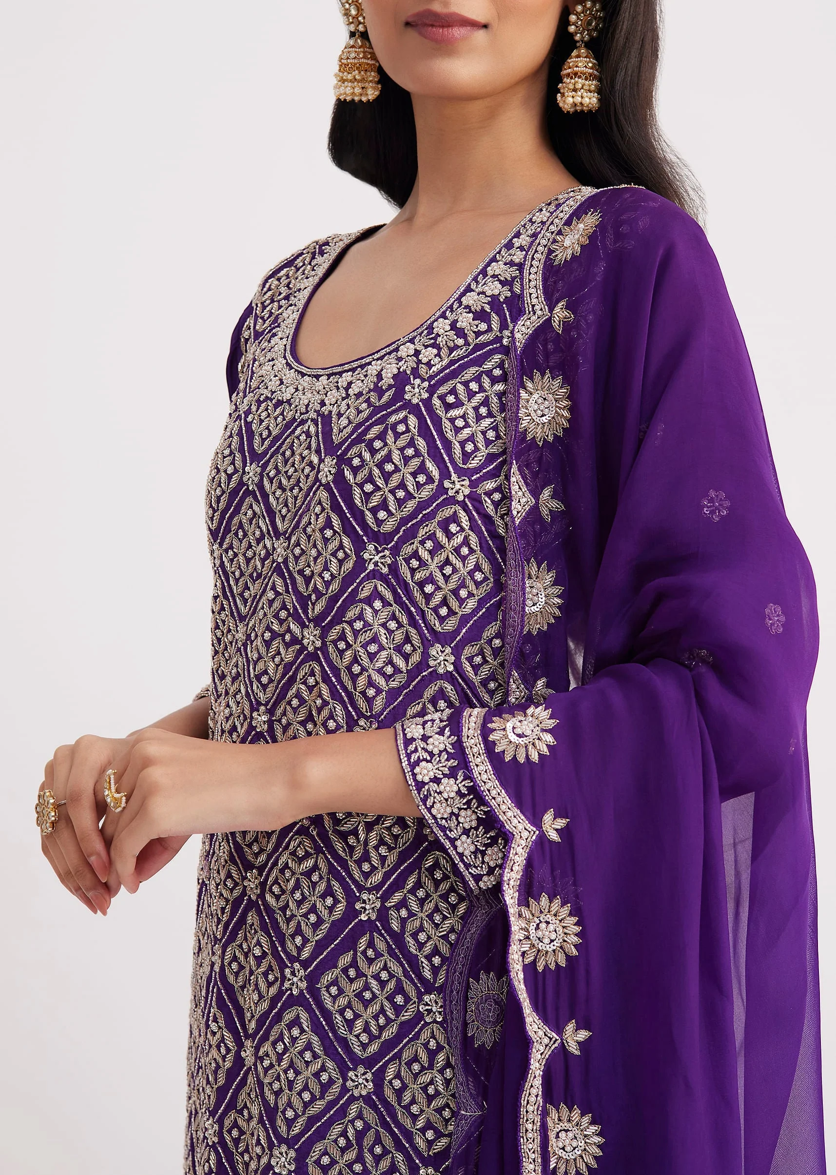 Purple Cutdana Embroidered Sharara Suit With Organza Dupatta - Image 2
