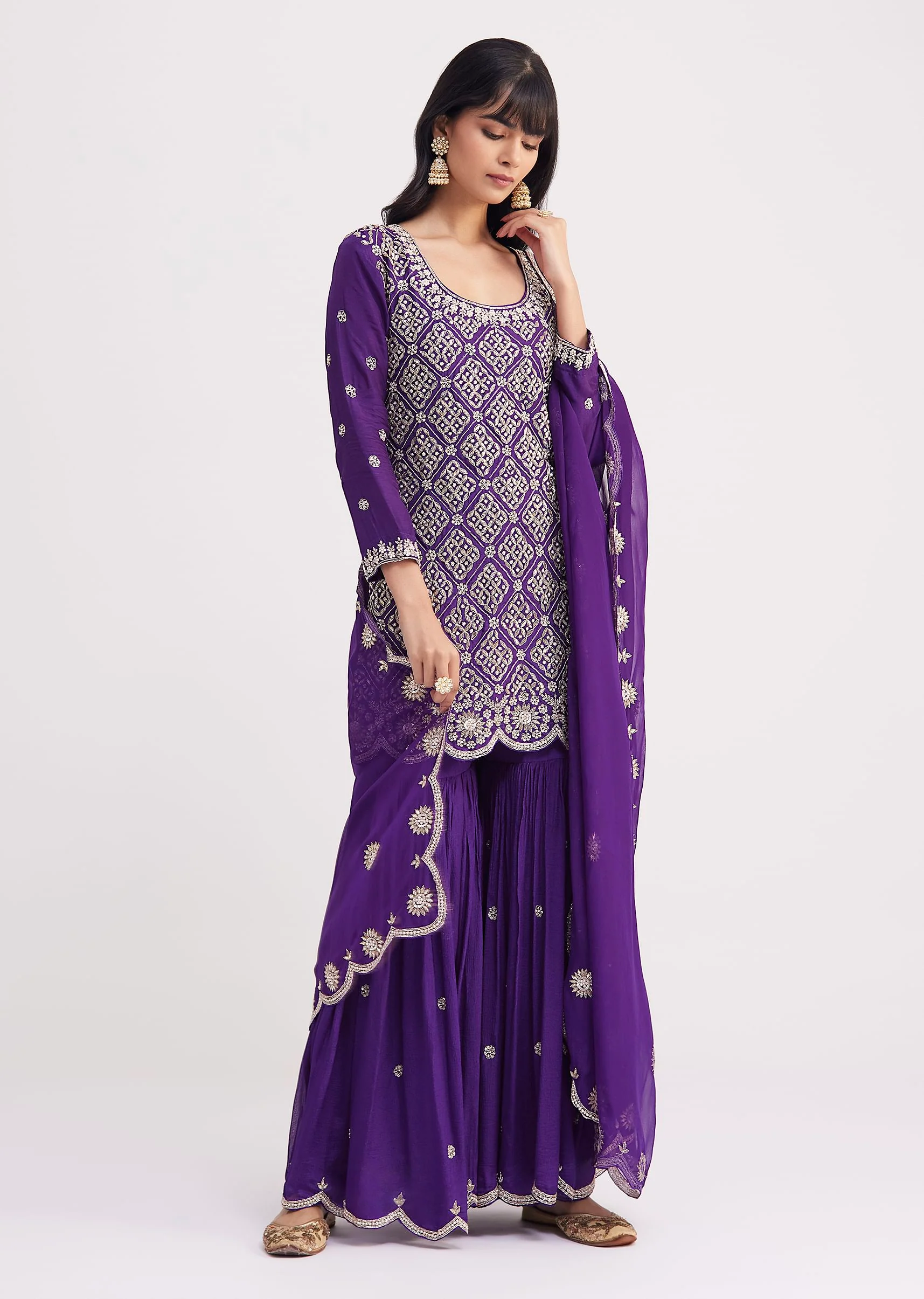 Purple Cutdana Embroidered Sharara Suit With Organza Dupatta - Image 3