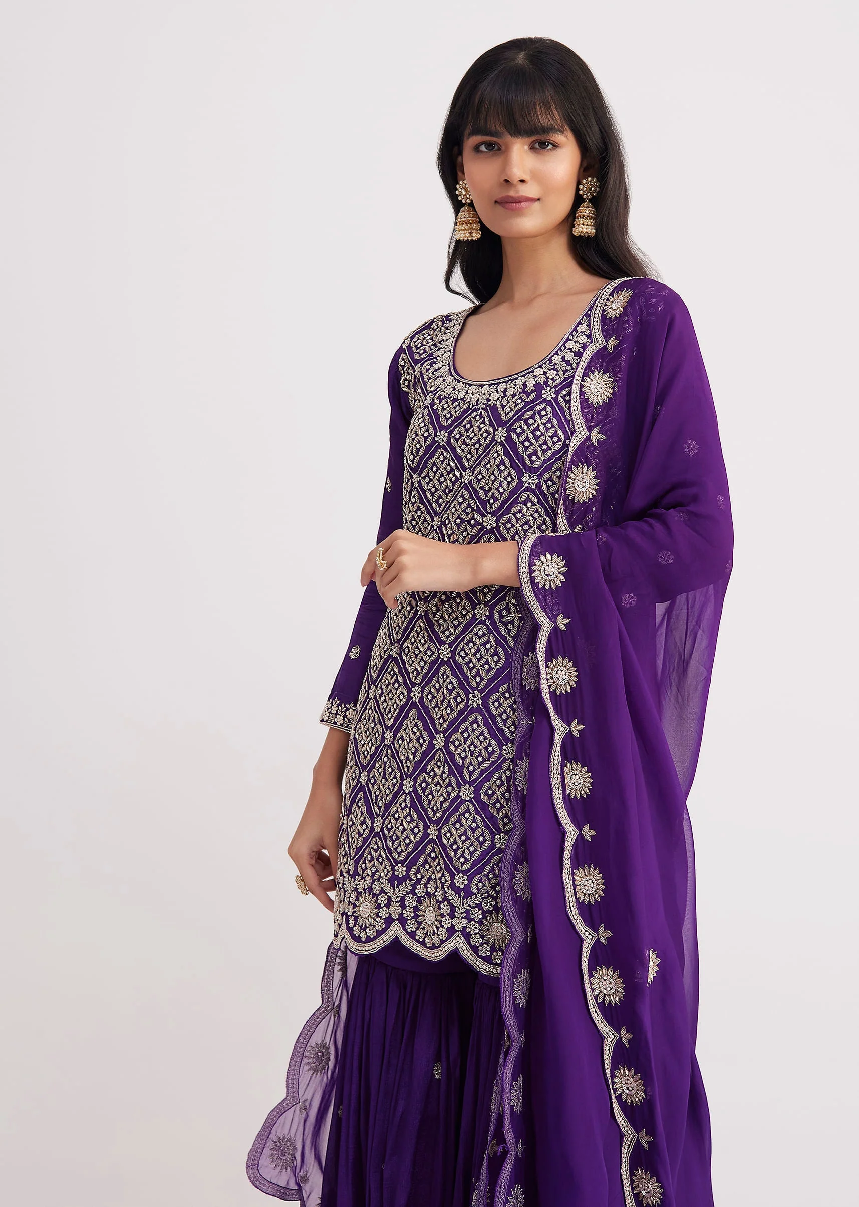 Purple Cutdana Embroidered Sharara Suit With Organza Dupatta - Image 4
