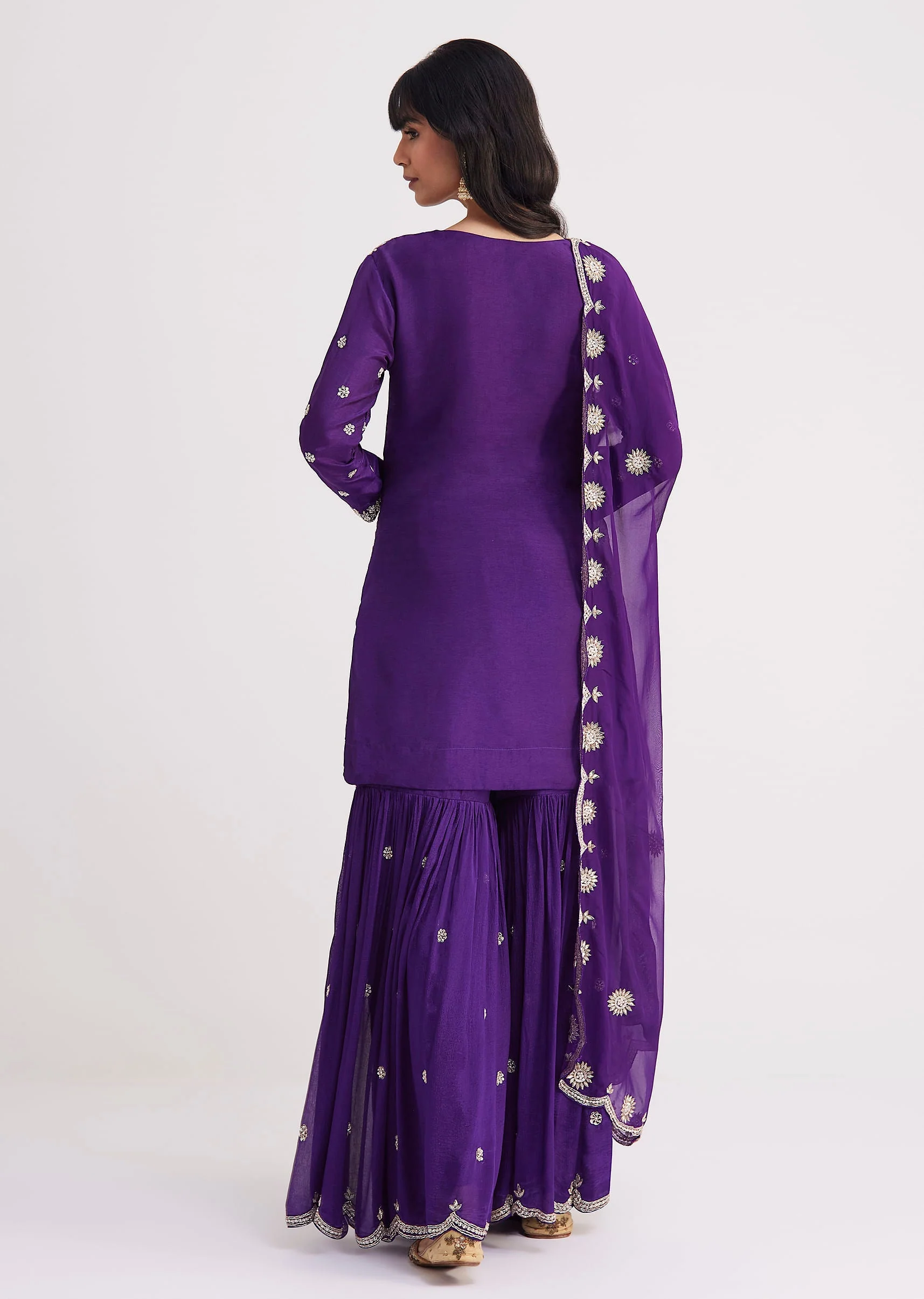 Purple Cutdana Embroidered Sharara Suit With Organza Dupatta - Image 5