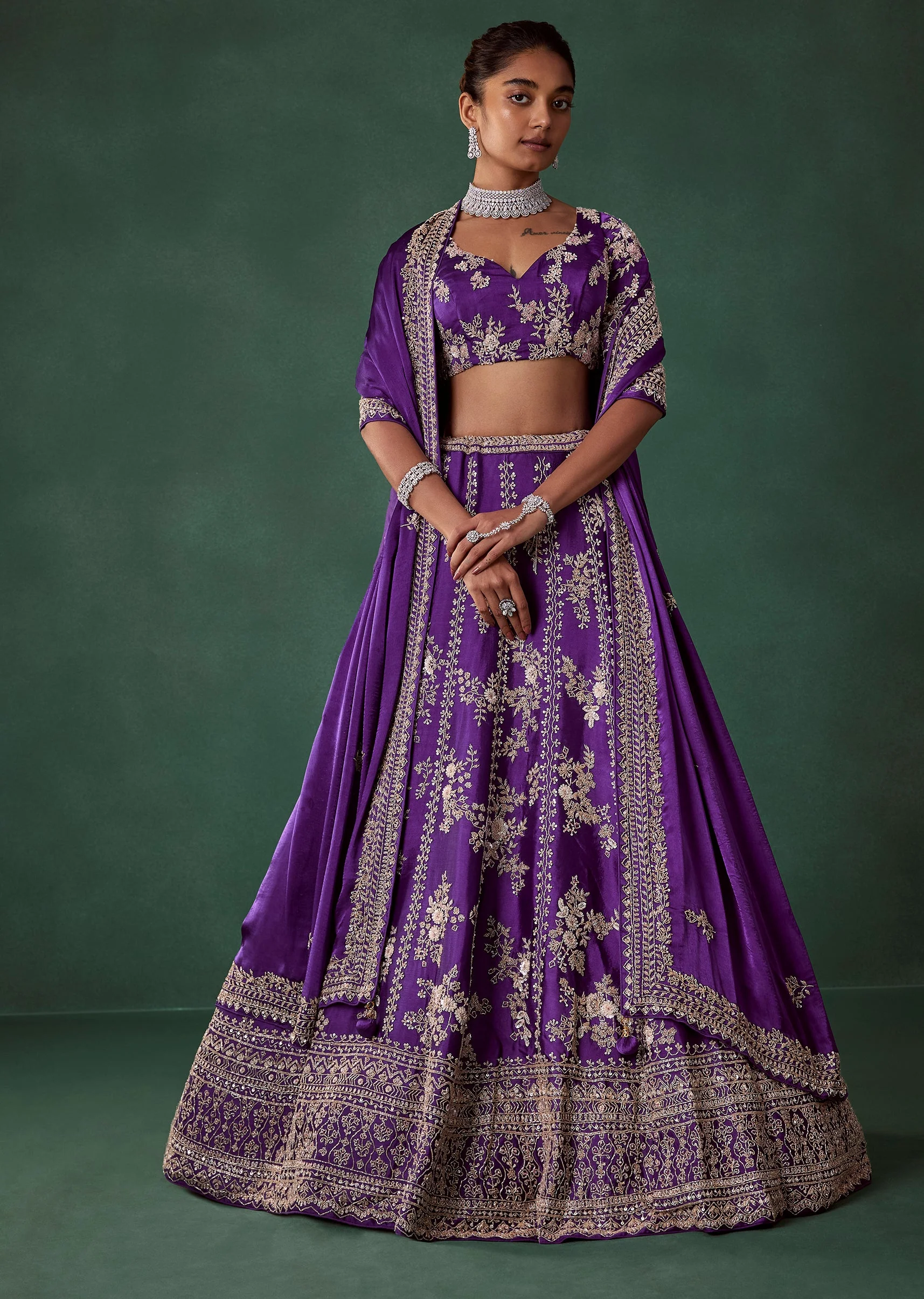 Purple Cutdana Hand Embroidered Bridal Lehenga Set in Satin