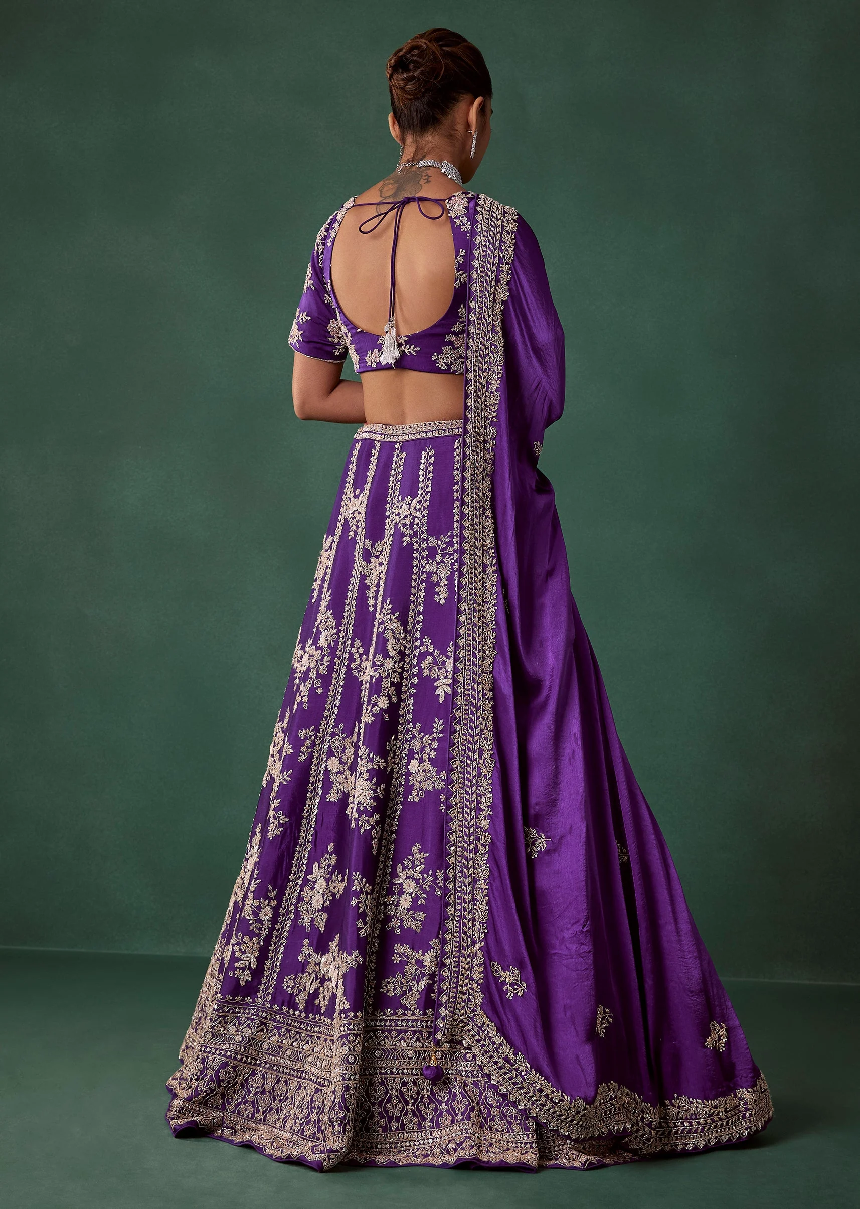 Purple Cutdana Hand Embroidered Bridal Lehenga Set in Satin - Image 2